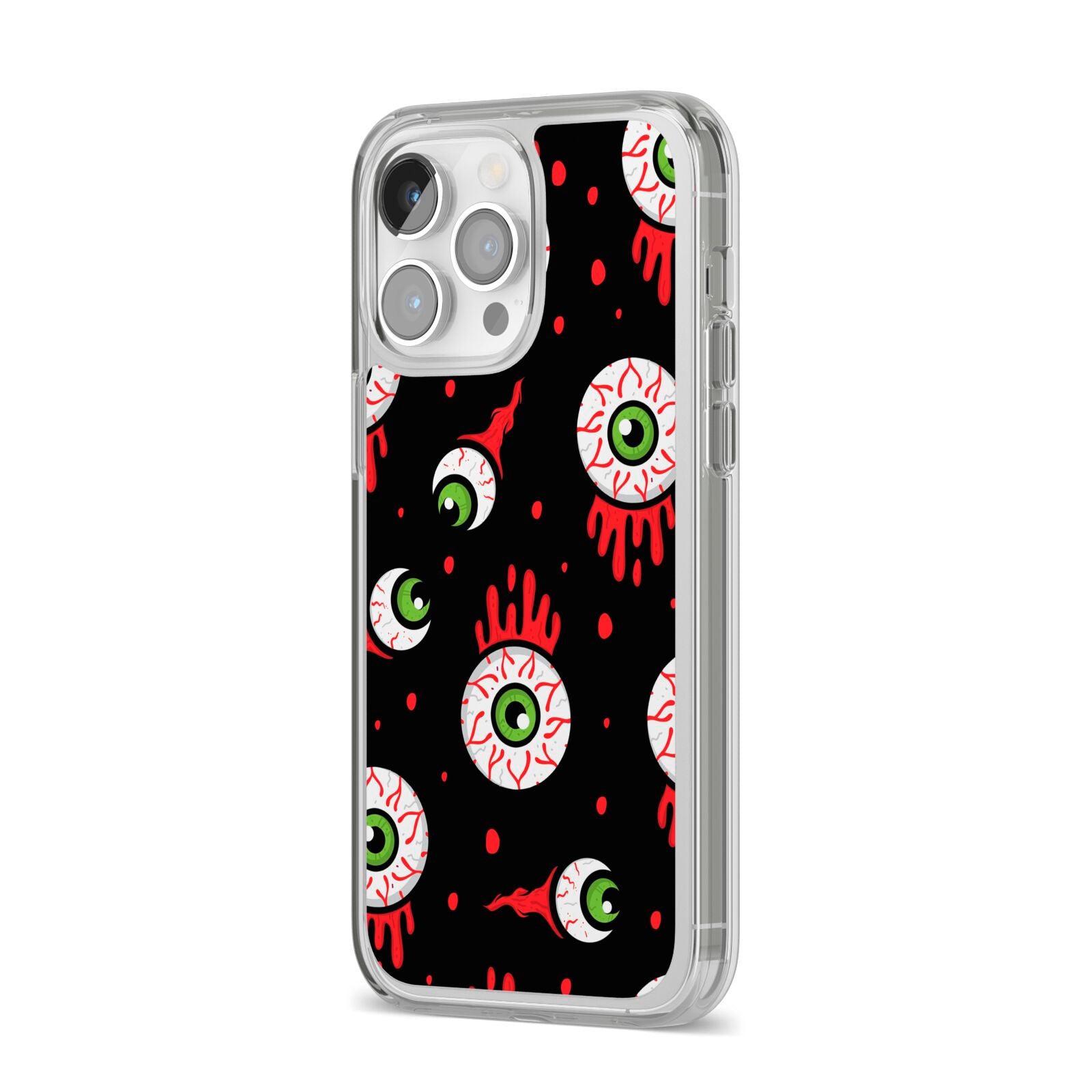 Bleeding Eyeballs iPhone 14 Pro Max Clear Tough Case Silver Angled Image