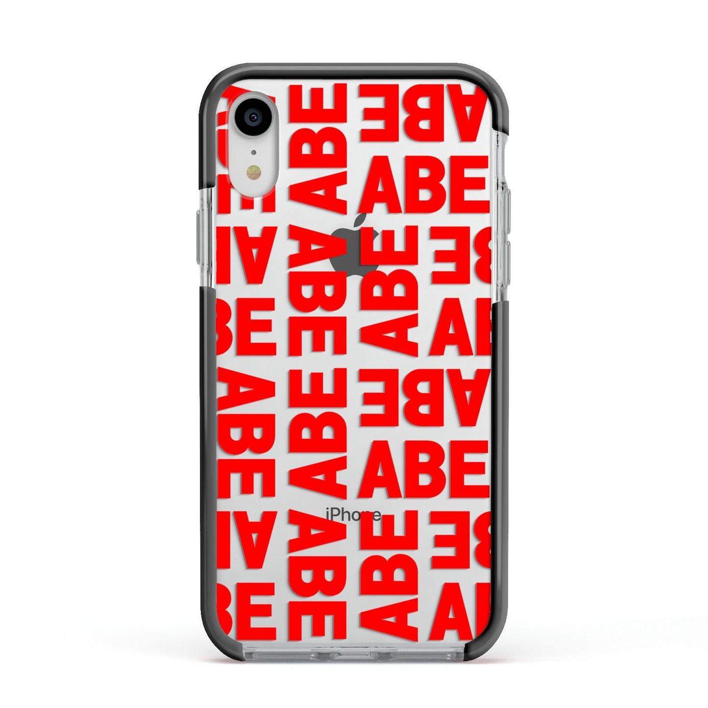 Block Red Custom Text Apple iPhone XR Impact Case Black Edge on Silver Phone