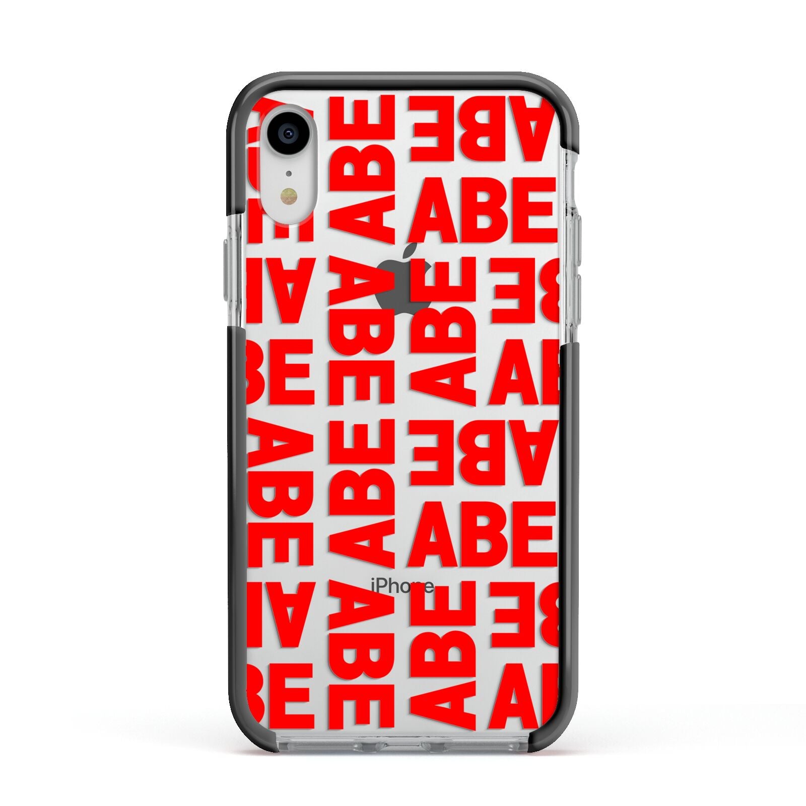 Block Red Custom Text Apple iPhone XR Impact Case Black Edge on Silver Phone
