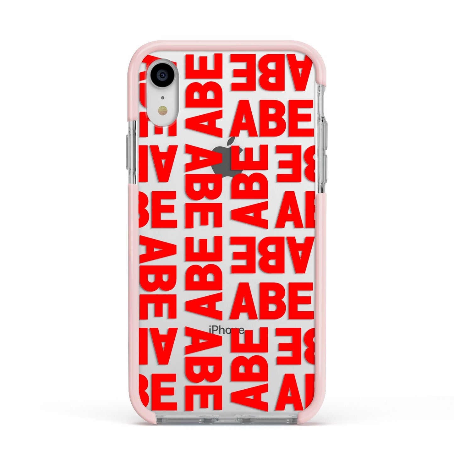 Block Red Custom Text Apple iPhone XR Impact Case Pink Edge on Silver Phone