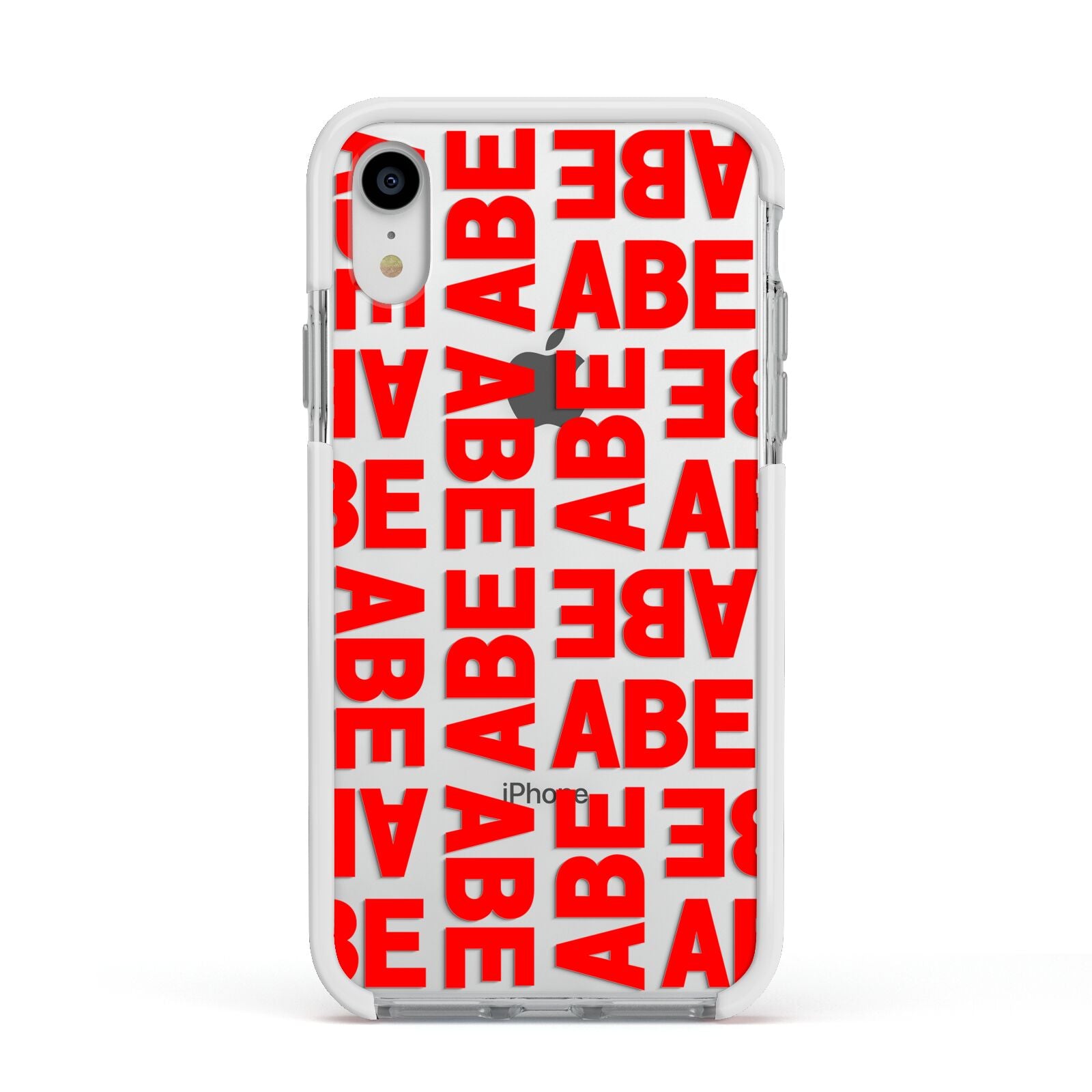 Block Red Custom Text Apple iPhone XR Impact Case White Edge on Silver Phone