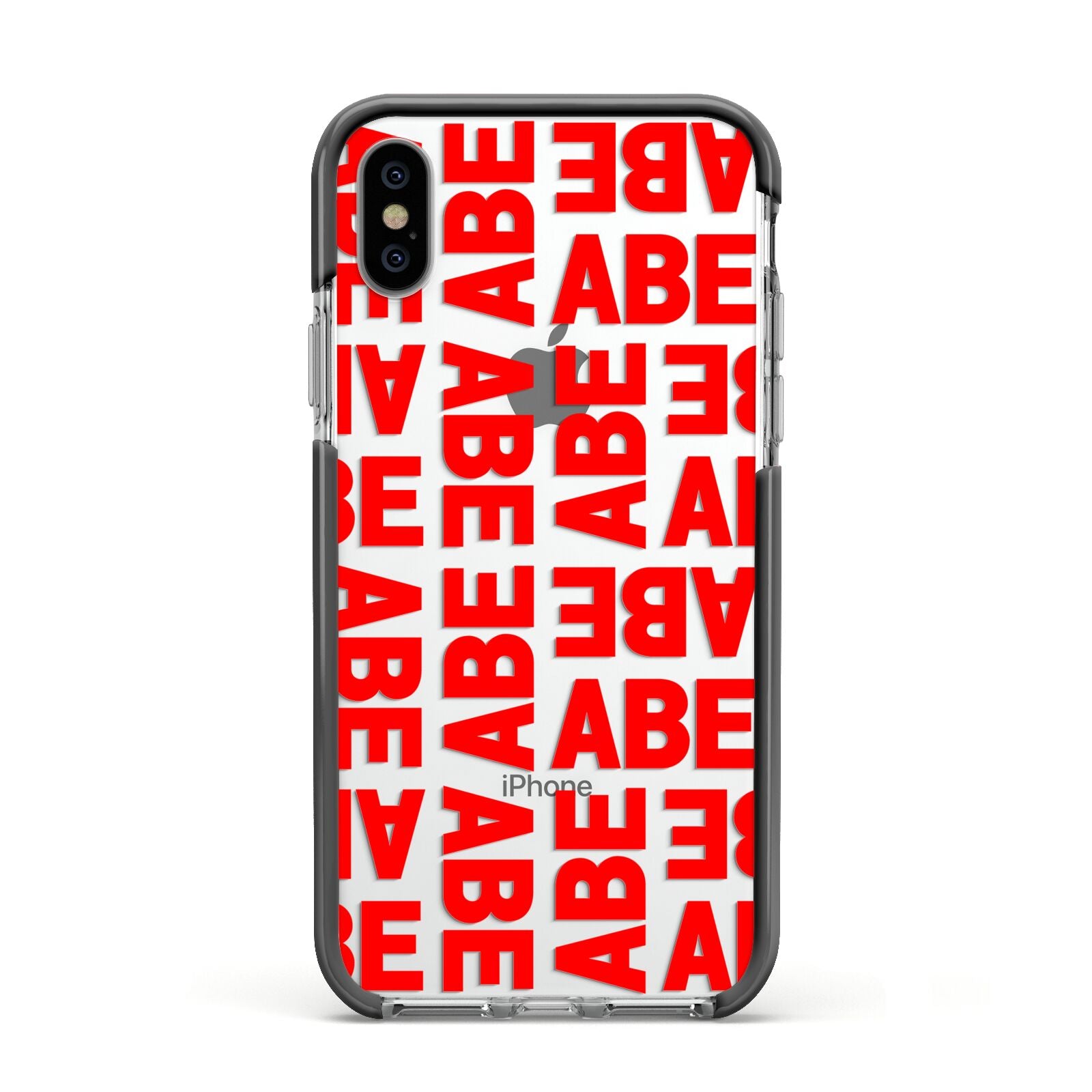 Block Red Custom Text Apple iPhone Xs Impact Case Black Edge on Silver Phone