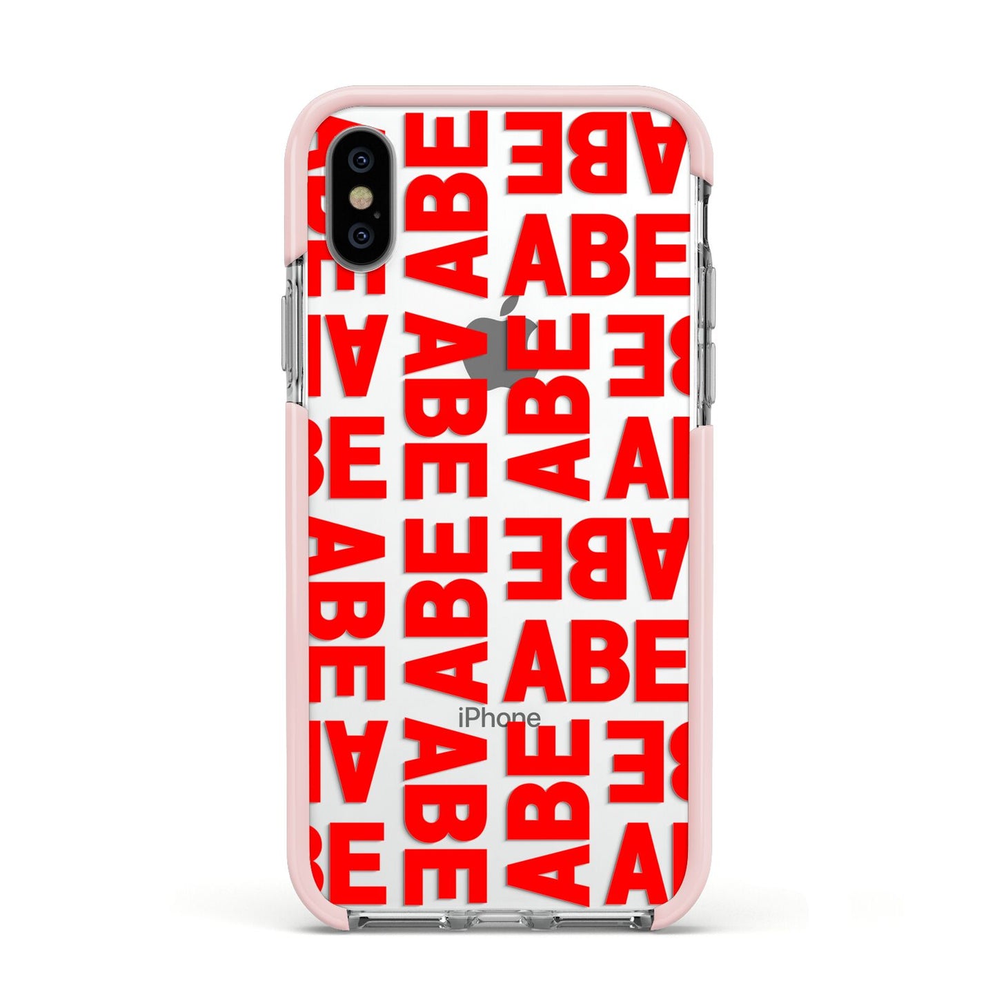 Block Red Custom Text Apple iPhone Xs Impact Case Pink Edge on Silver Phone