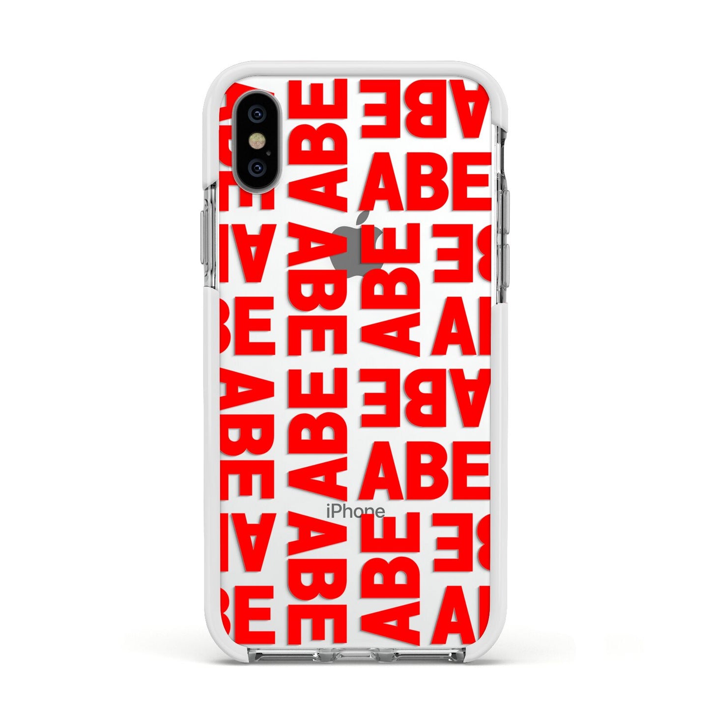 Block Red Custom Text Apple iPhone Xs Impact Case White Edge on Silver Phone