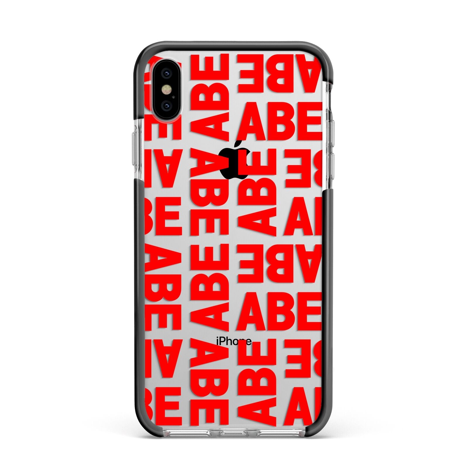 Block Red Custom Text Apple iPhone Xs Max Impact Case Black Edge on Silver Phone