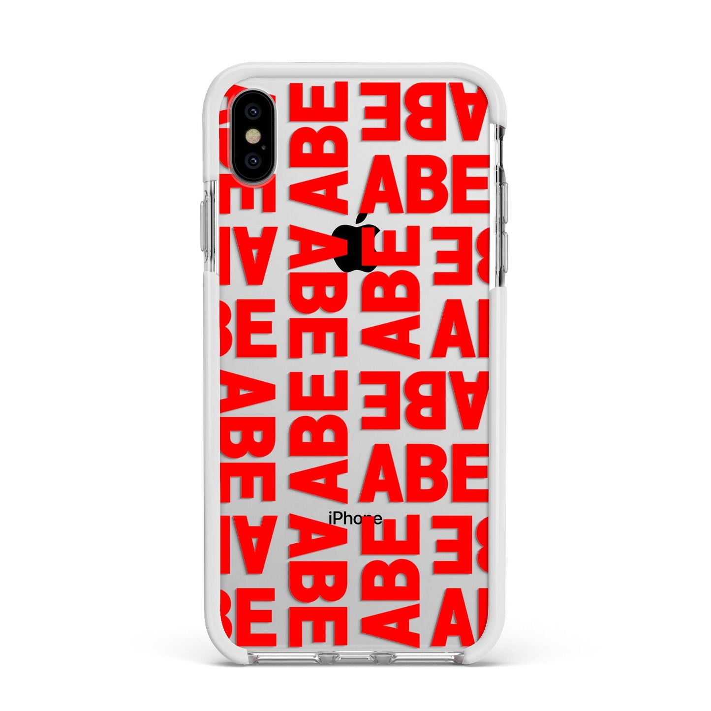Block Red Custom Text Apple iPhone Xs Max Impact Case White Edge on Silver Phone