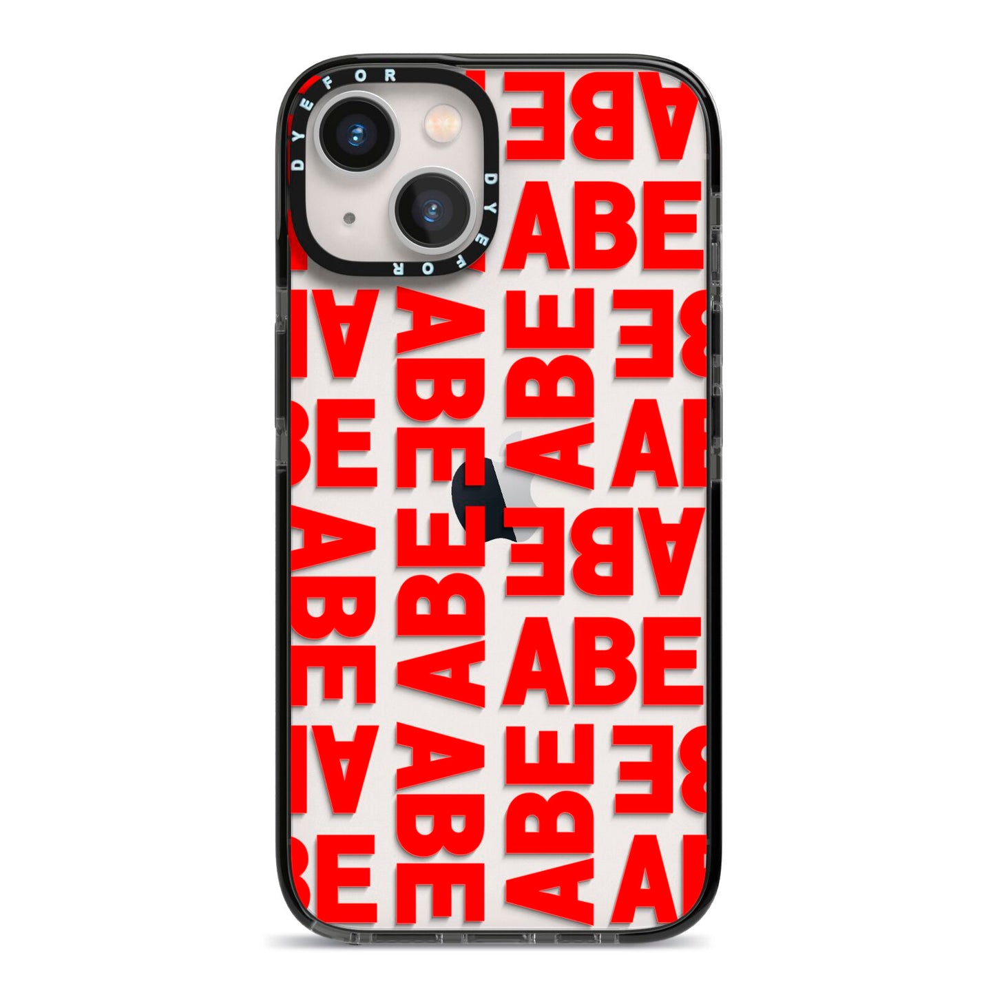 Block Red Custom Text iPhone 13 Black Impact Case on Silver phone