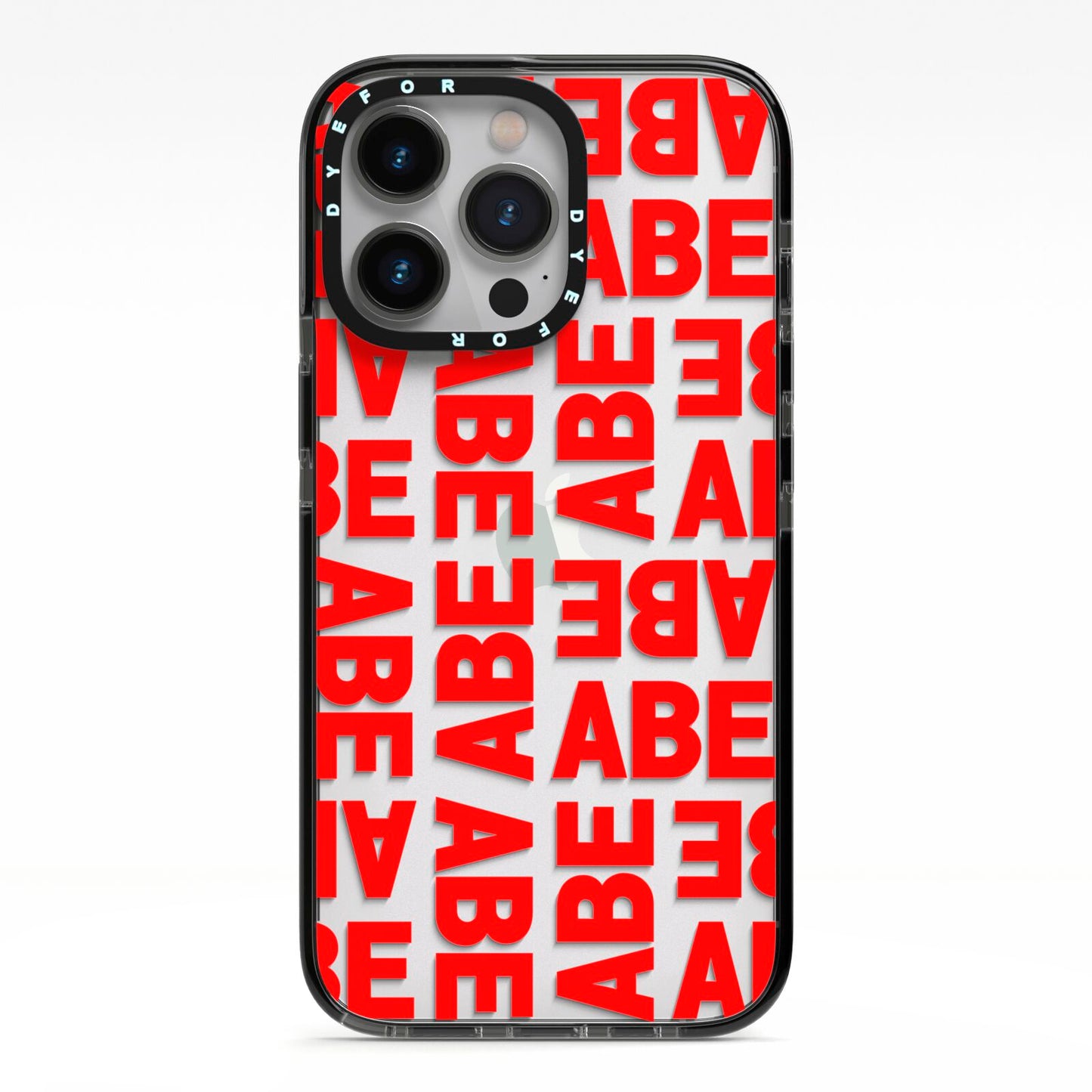 Block Red Custom Text iPhone 13 Pro Black Impact Case on Silver phone