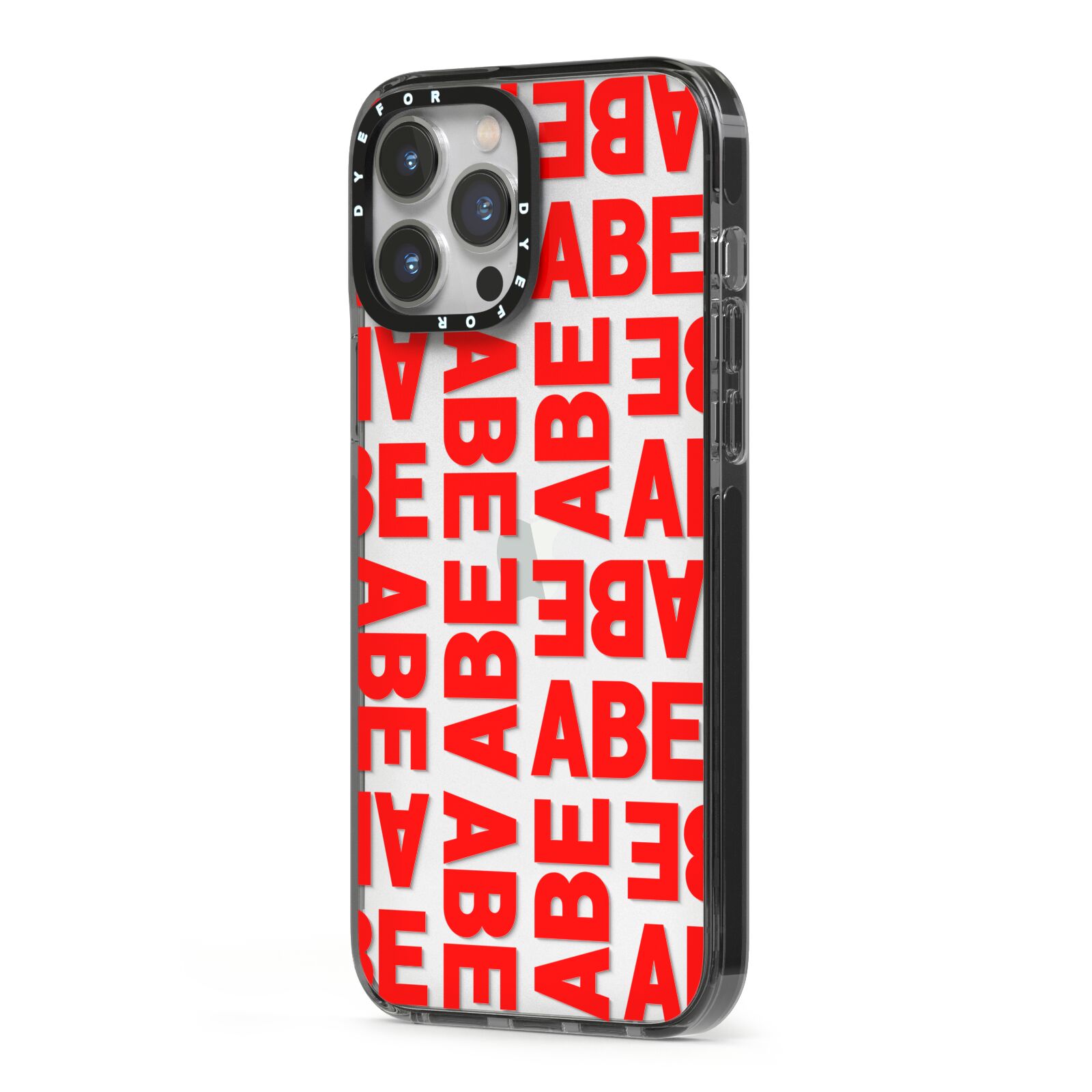 Block Red Custom Text iPhone 13 Pro Max Black Impact Case Side Angle on Silver phone