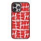Block Red Custom Text iPhone 13 Pro Max Black Impact Case on Silver phone