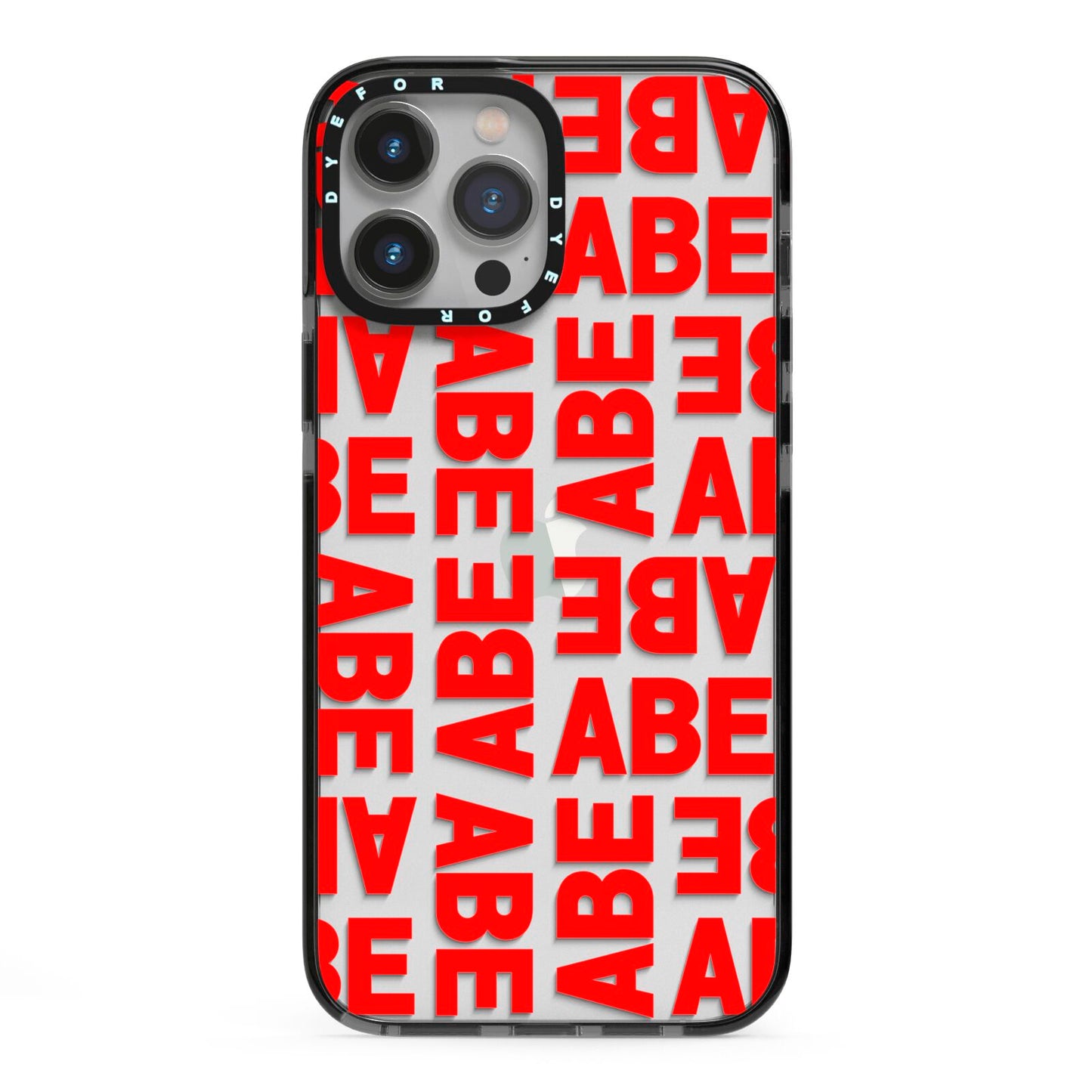 Block Red Custom Text iPhone 13 Pro Max Black Impact Case on Silver phone