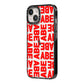 Block Red Custom Text iPhone 14 Black Impact Case Side Angle on Silver phone