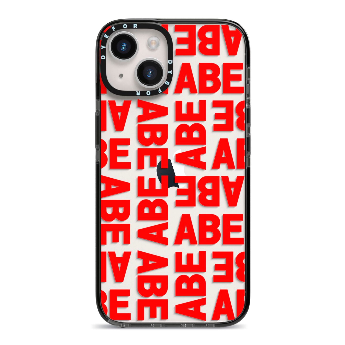 Block Red Custom Text iPhone 14 Black Impact Case on Silver phone