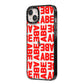 Block Red Custom Text iPhone 14 Plus Black Impact Case Side Angle on Silver phone