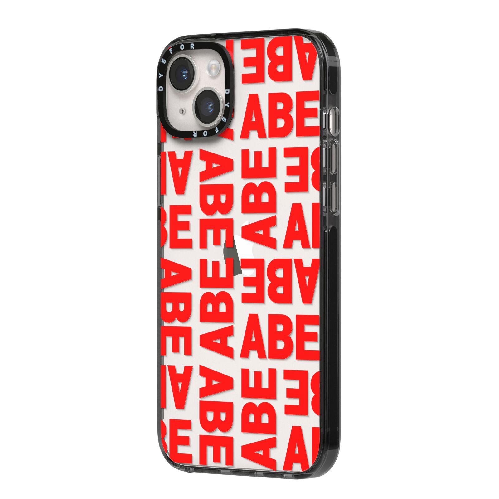 Block Red Custom Text iPhone 14 Plus Black Impact Case Side Angle on Silver phone