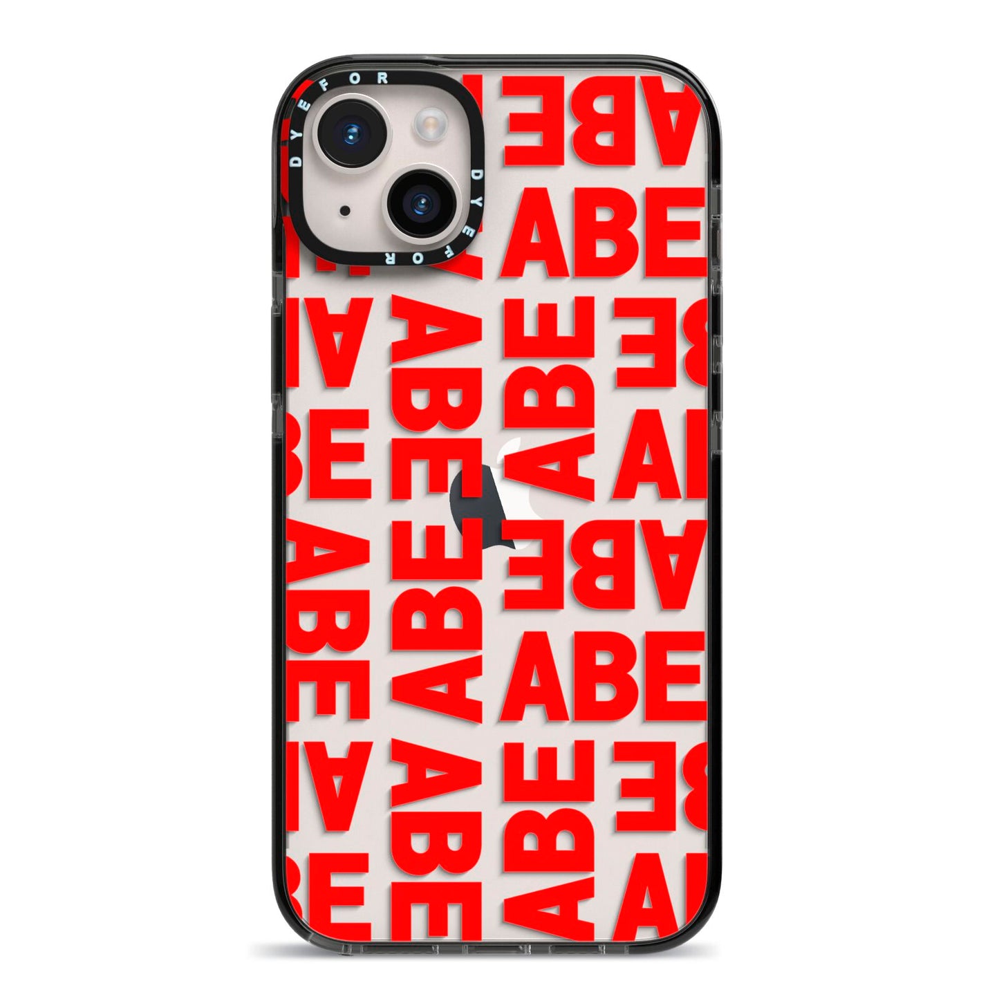 Block Red Custom Text iPhone 14 Plus Black Impact Case on Silver phone