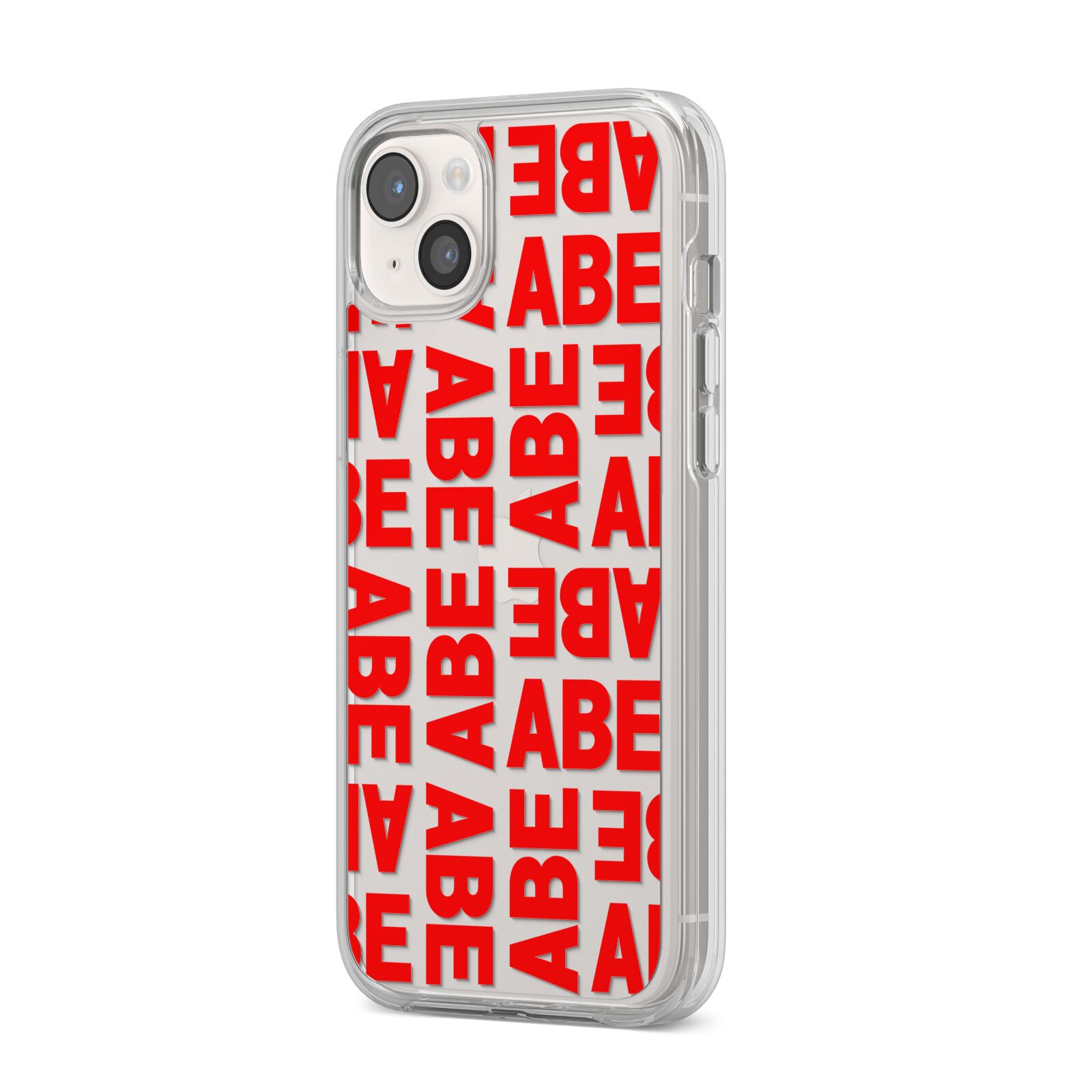 Block Red Custom Text iPhone 14 Plus Clear Tough Case Starlight Angled Image