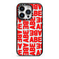 Block Red Custom Text iPhone 14 Pro Black Impact Case on Silver phone