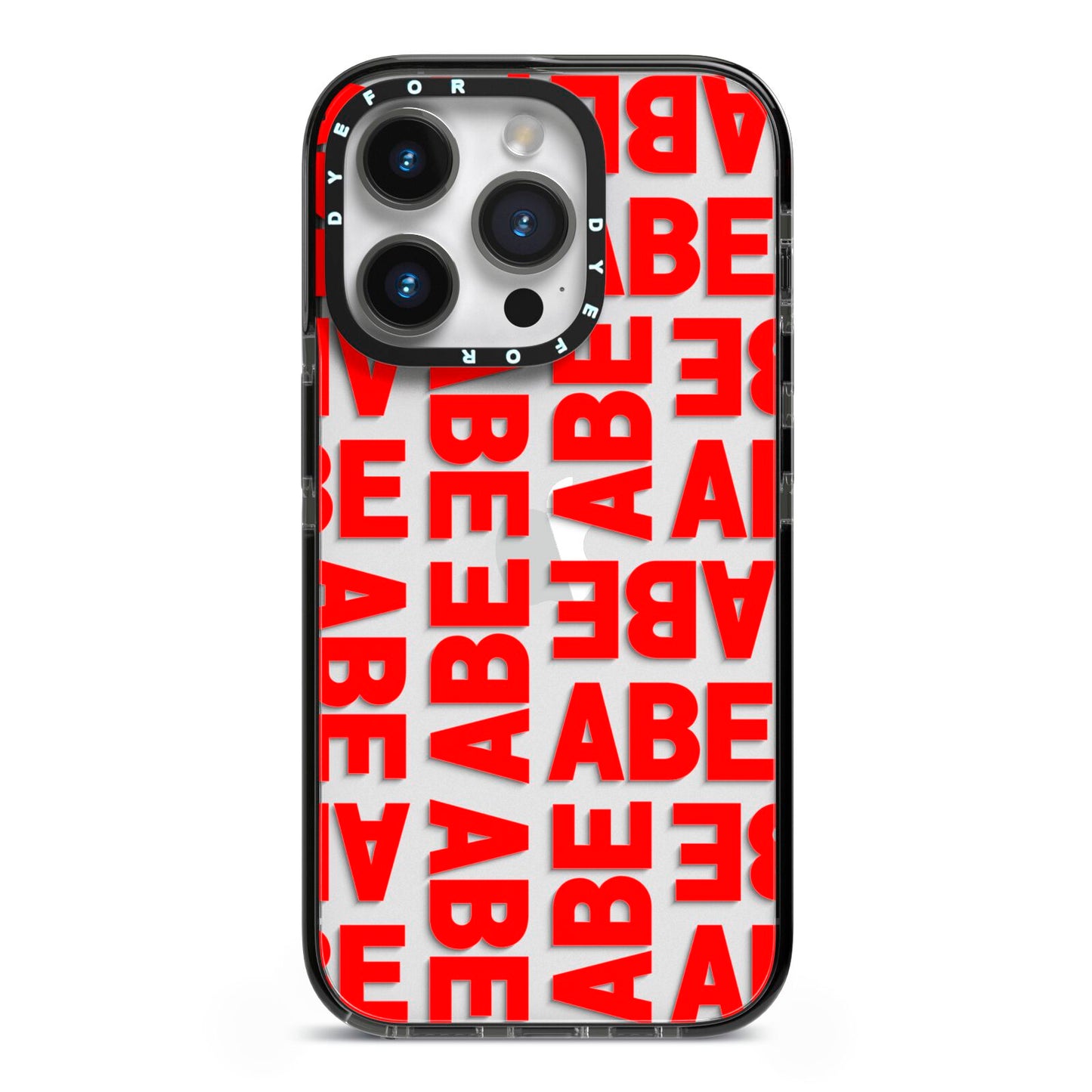 Block Red Custom Text iPhone 14 Pro Black Impact Case on Silver phone