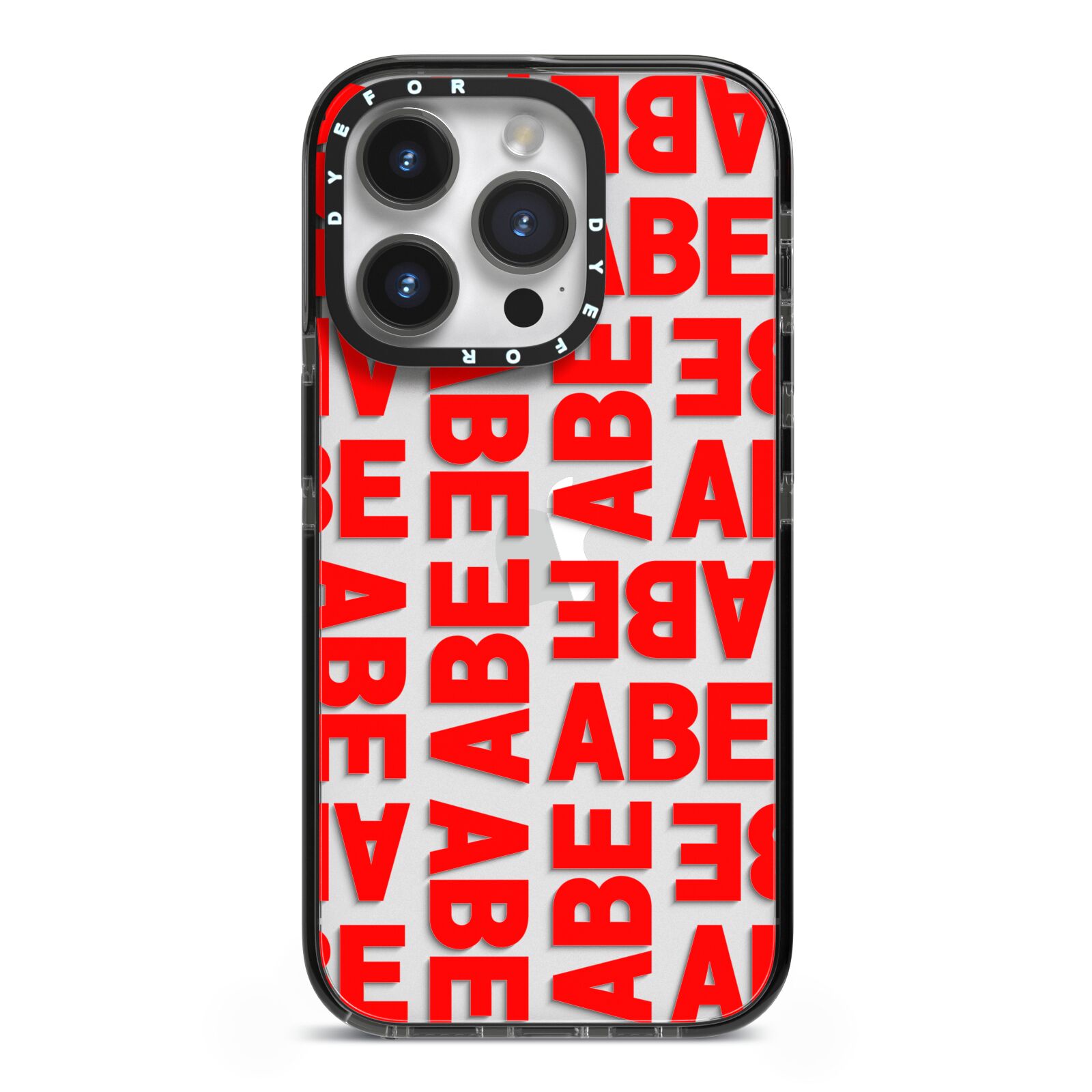 Block Red Custom Text iPhone 14 Pro Black Impact Case on Silver phone