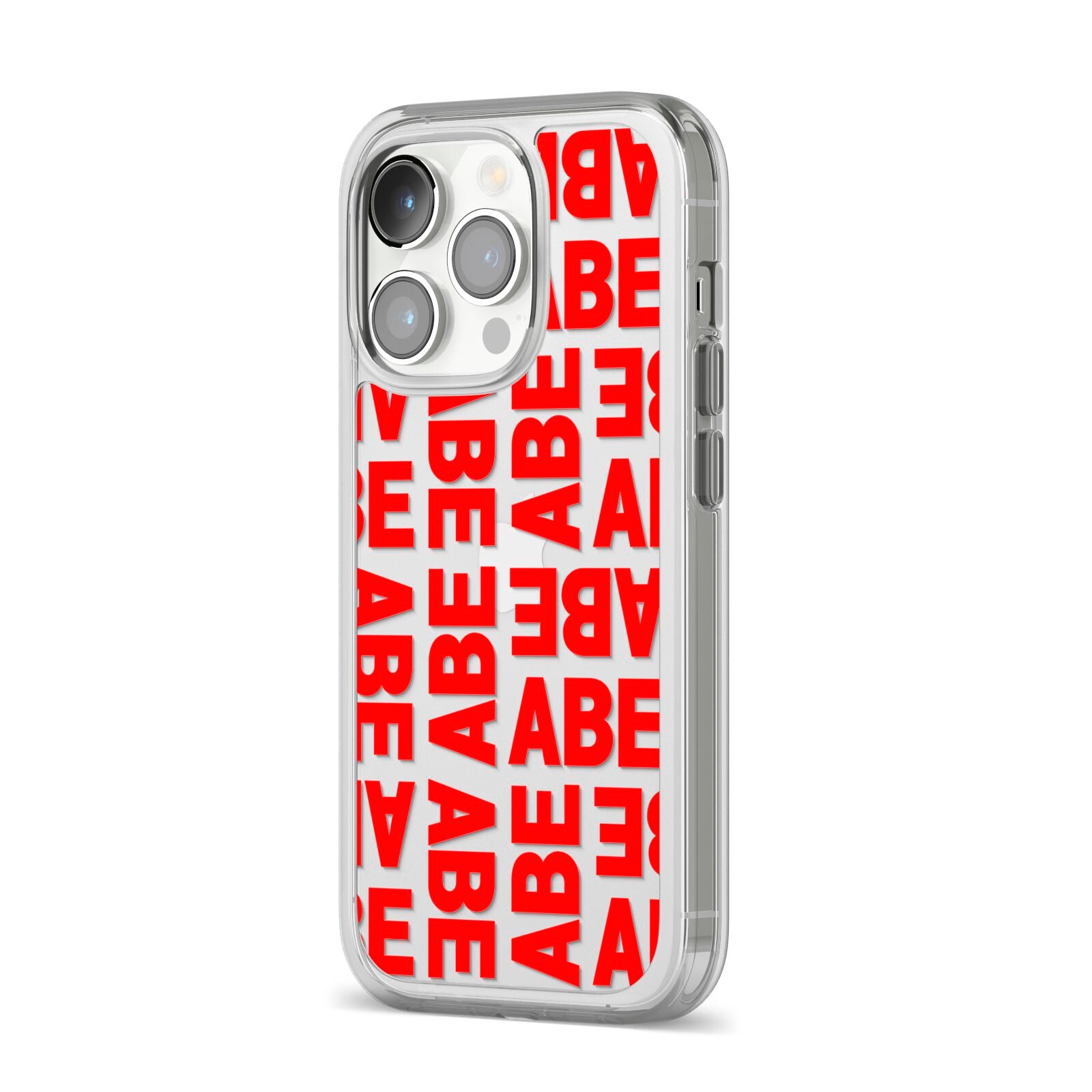 Block Red Custom Text iPhone 14 Pro Clear Tough Case Silver Angled Image