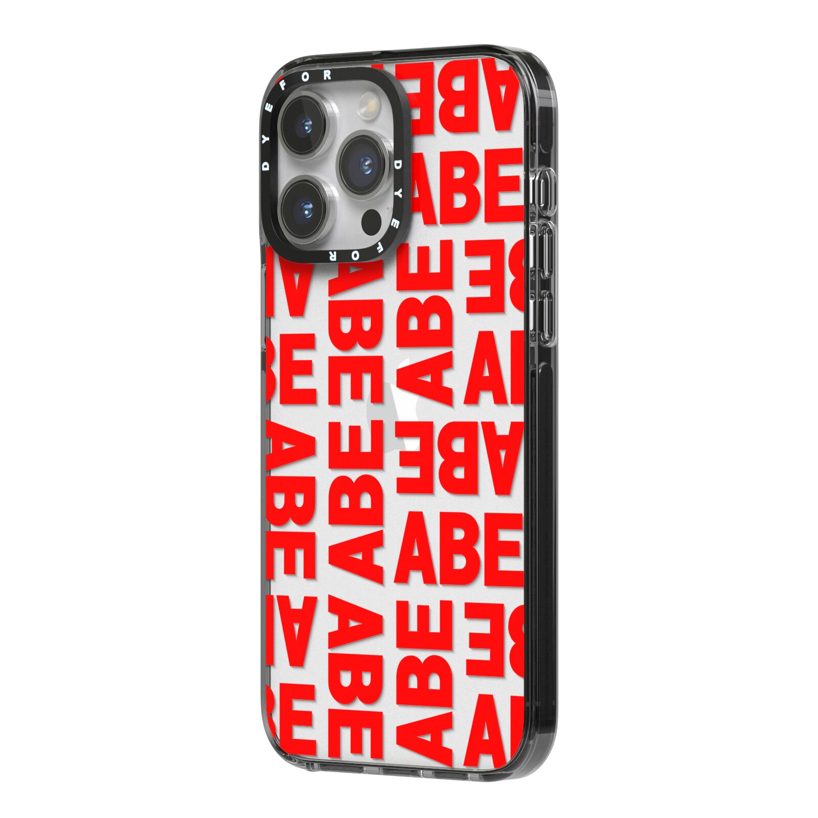 Block Red Custom Text iPhone 14 Pro Max Black Impact Case Side Angle on Silver phone