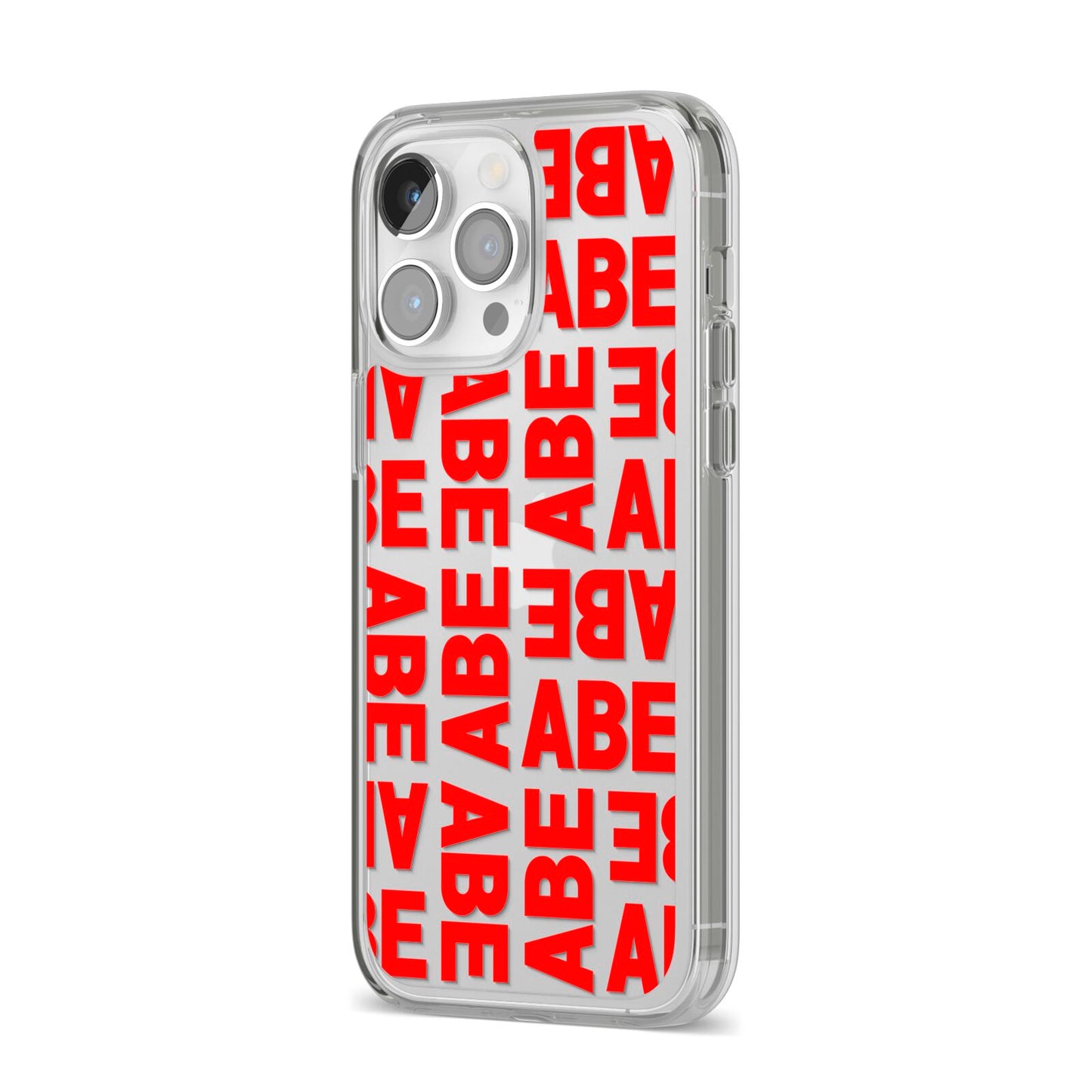 Block Red Custom Text iPhone 14 Pro Max Clear Tough Case Silver Angled Image