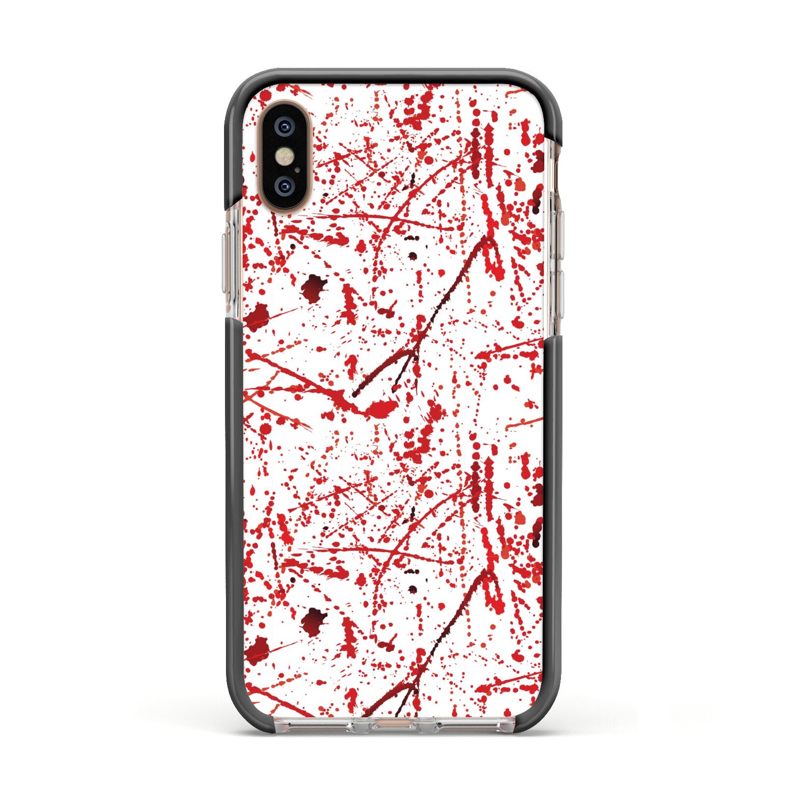 Blood Splatter Apple iPhone Xs Impact Case Black Edge on Gold Phone