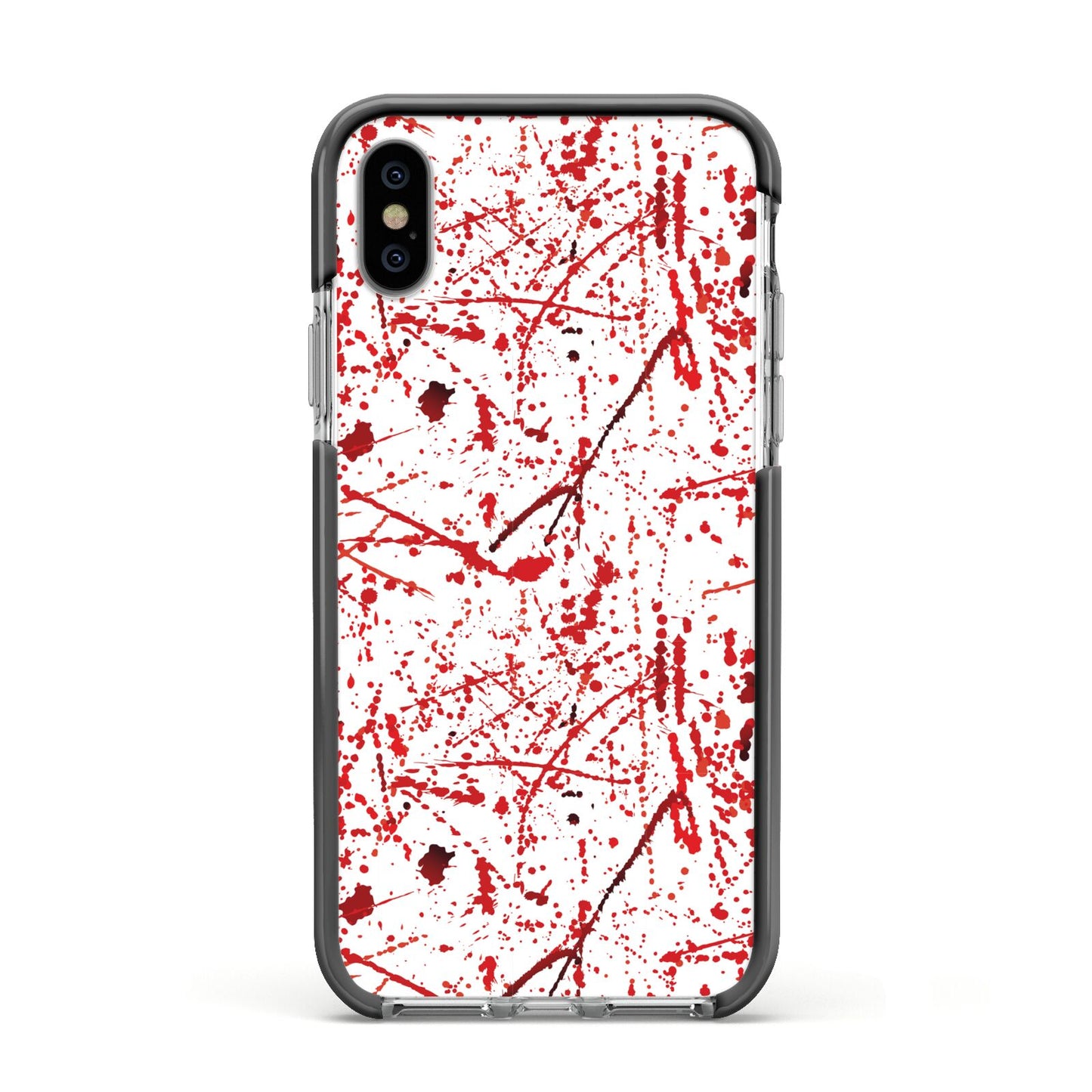 Blood Splatter Apple iPhone Xs Impact Case Black Edge on Silver Phone