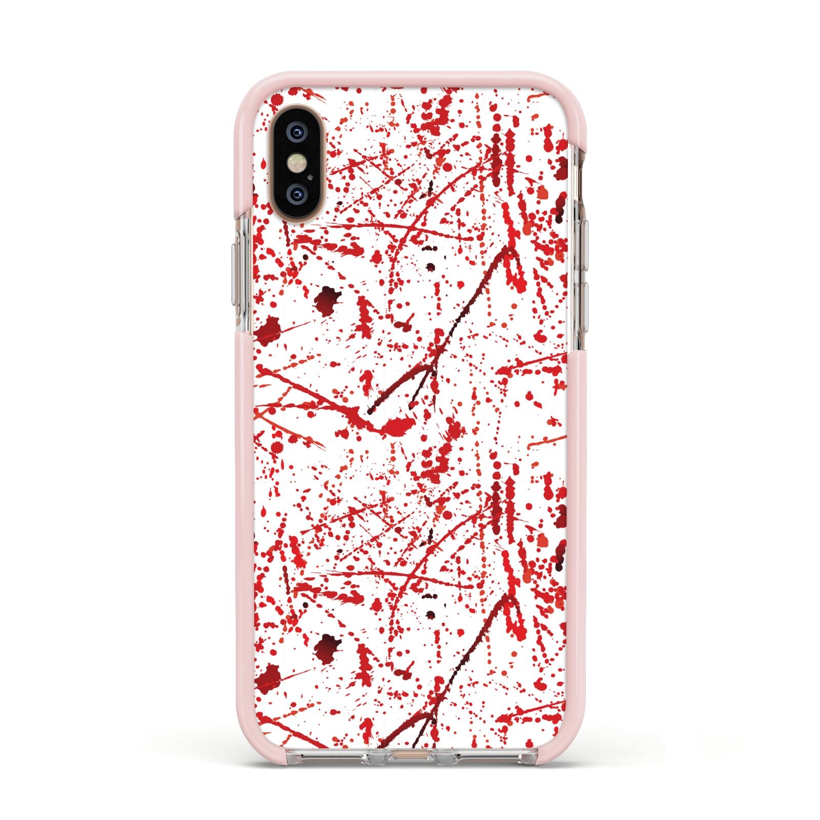 Blood Splatter Apple iPhone Xs Impact Case Pink Edge on Gold Phone
