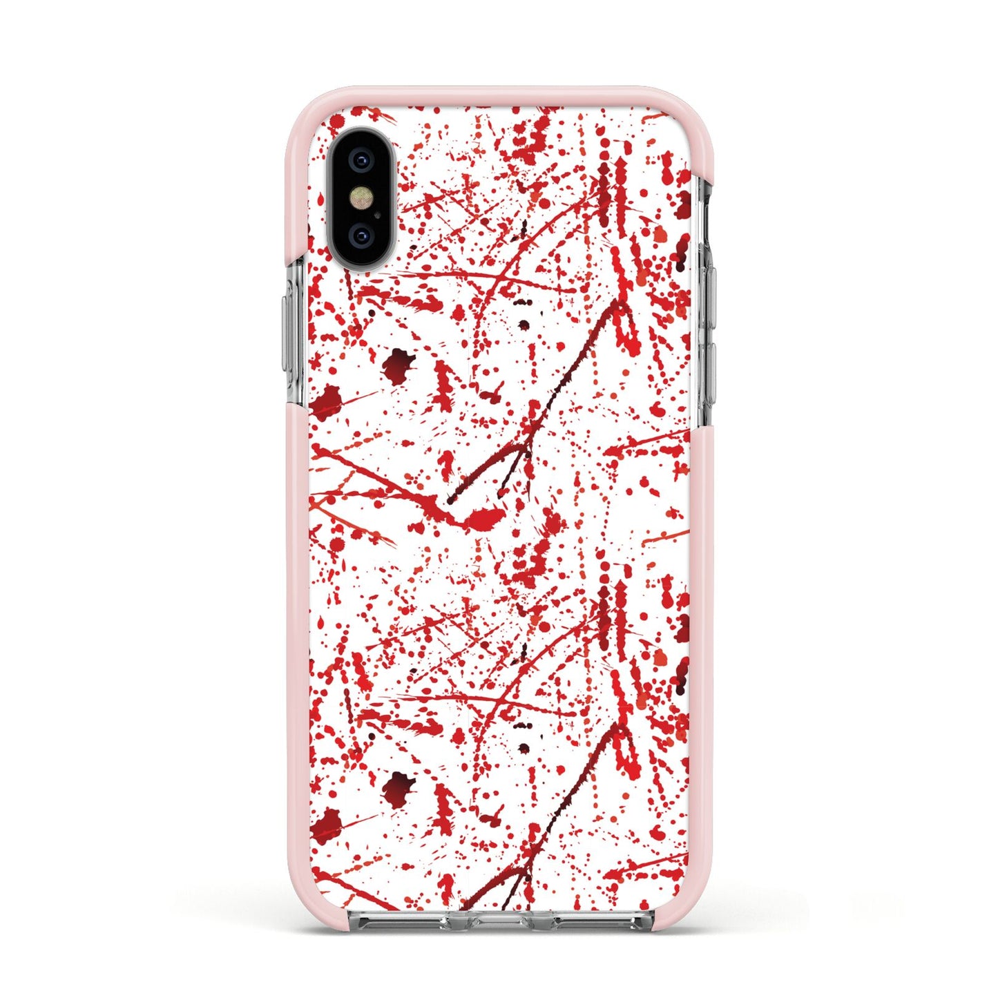 Blood Splatter Apple iPhone Xs Impact Case Pink Edge on Silver Phone