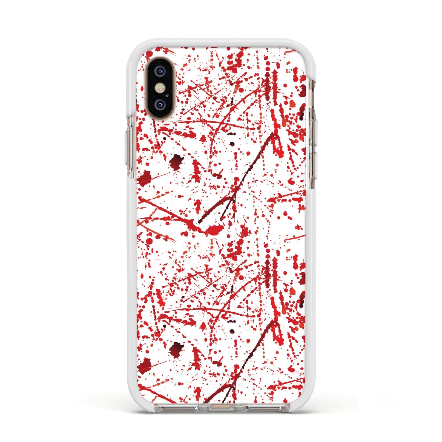 Blood Splatter Apple iPhone Xs Impact Case White Edge on Gold Phone