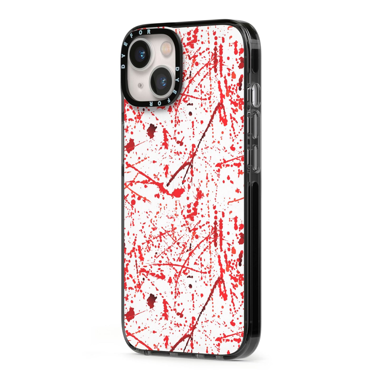 Blood Splatter iPhone 13 Black Impact Case Side Angle on Silver phone