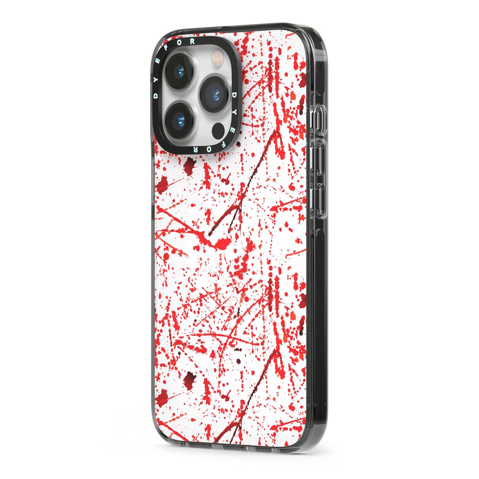 Blood Splatter iPhone 13 Pro Black Impact Case Side Angle on Silver phone