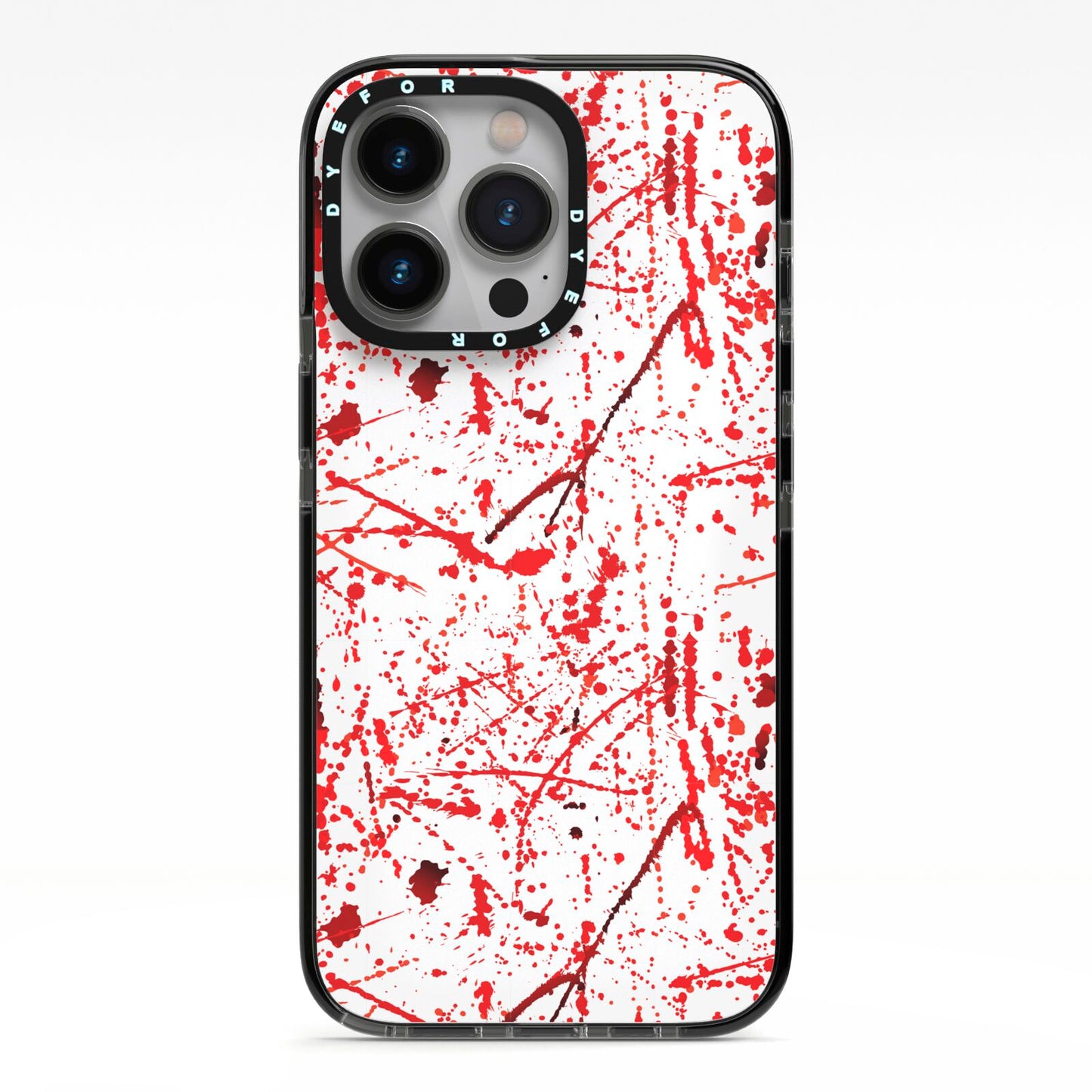 Blood Splatter iPhone 13 Pro Black Impact Case on Silver phone