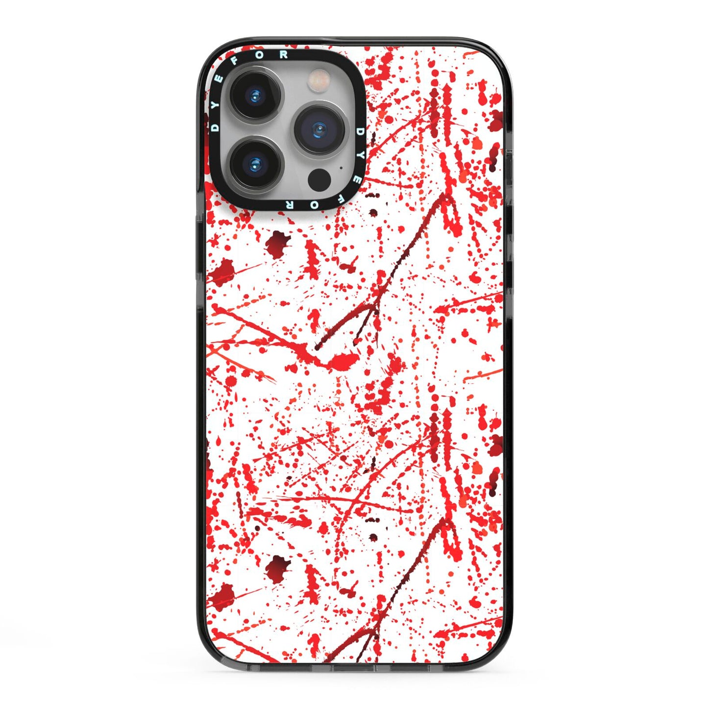 Blood Splatter iPhone 13 Pro Max Black Impact Case on Silver phone