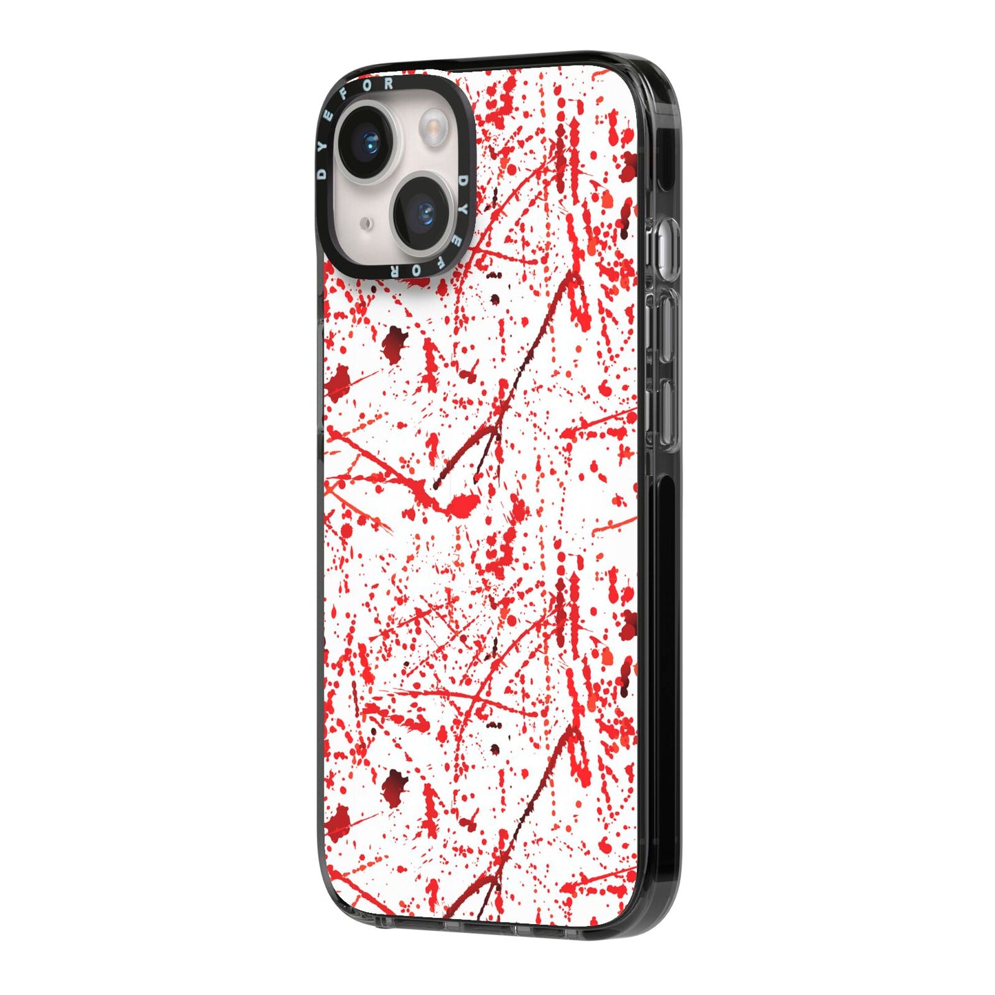 Blood Splatter iPhone 14 Black Impact Case Side Angle on Silver phone