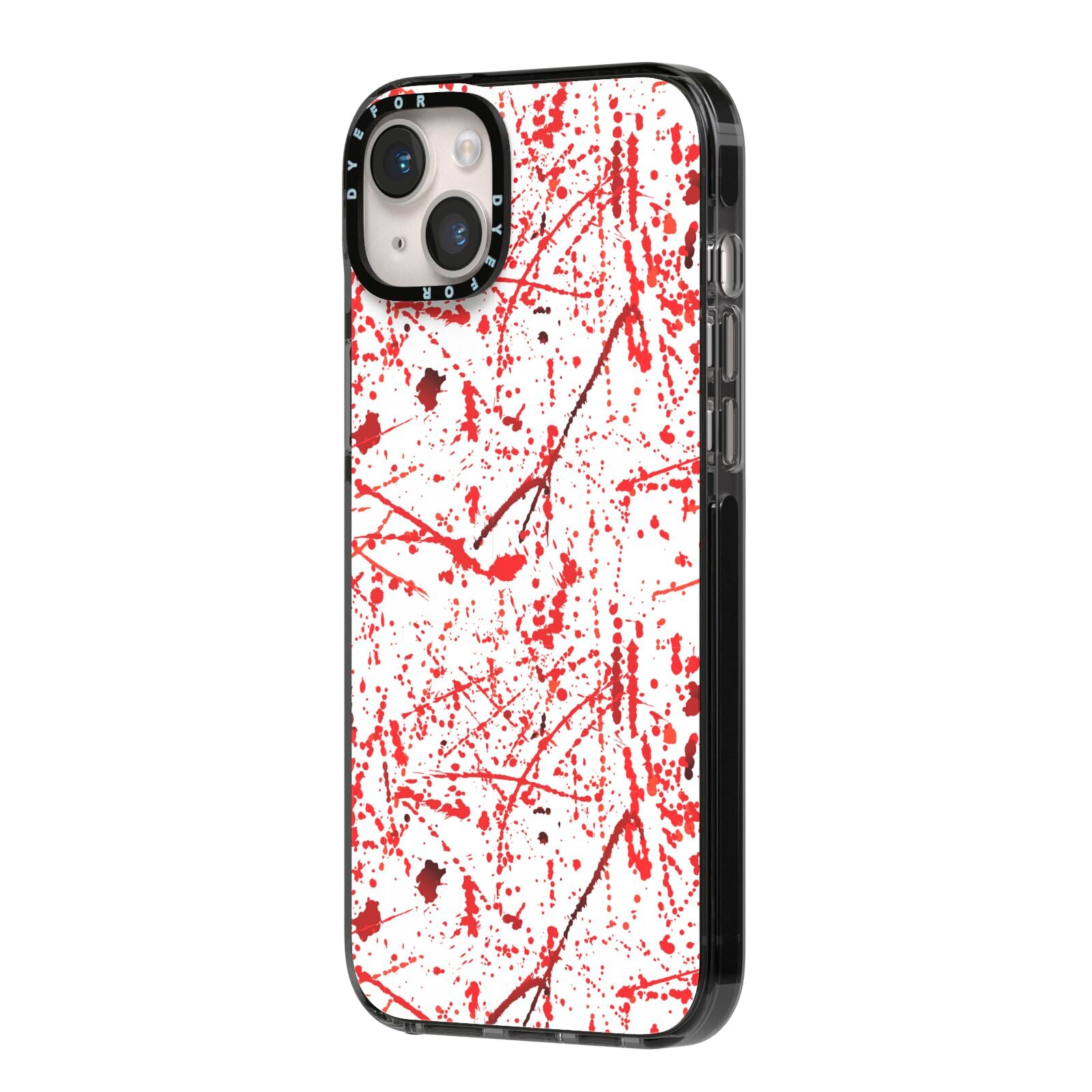 Blood Splatter iPhone 14 Plus Black Impact Case Side Angle on Silver phone