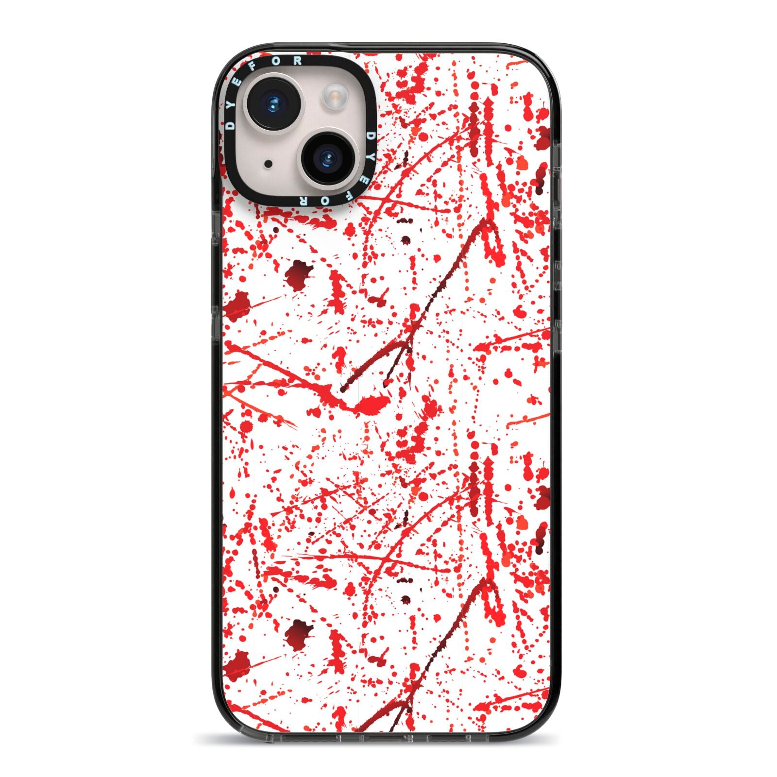 Blood Splatter iPhone 14 Plus Black Impact Case on Silver phone