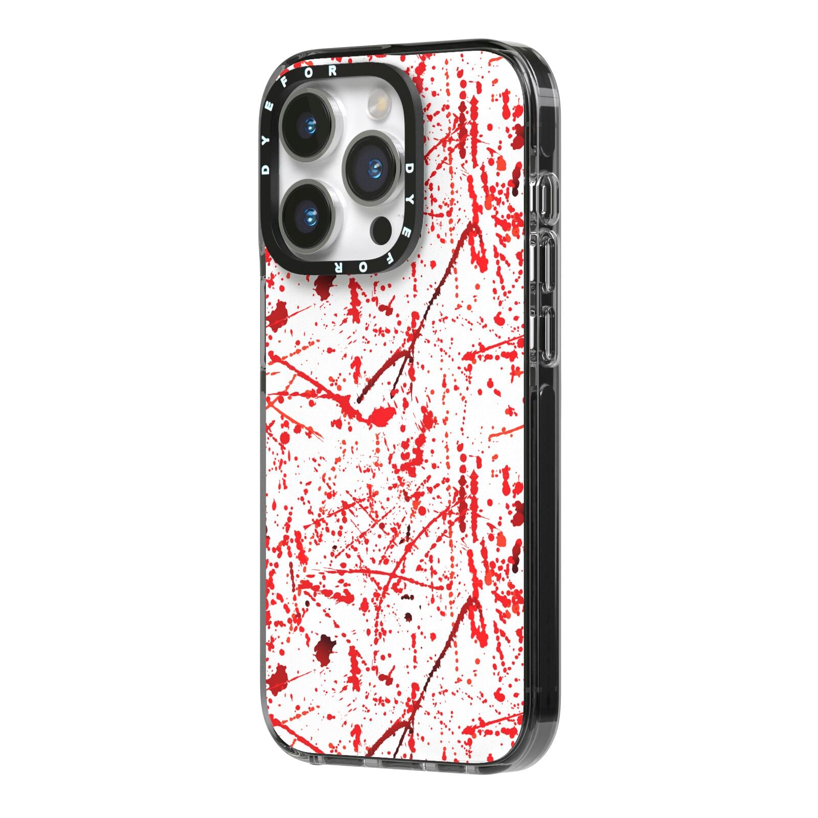 Blood Splatter iPhone 14 Pro Black Impact Case Side Angle on Silver phone