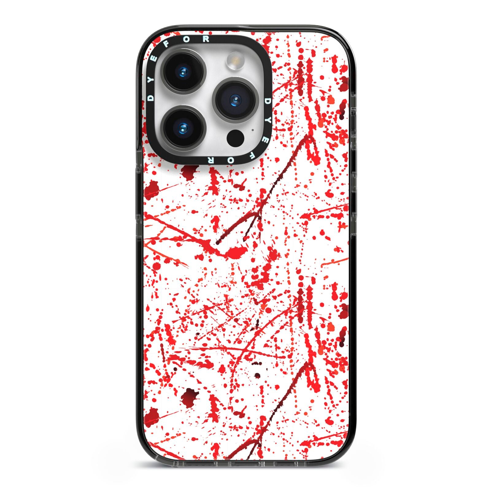 Blood Splatter iPhone 14 Pro Black Impact Case on Silver phone