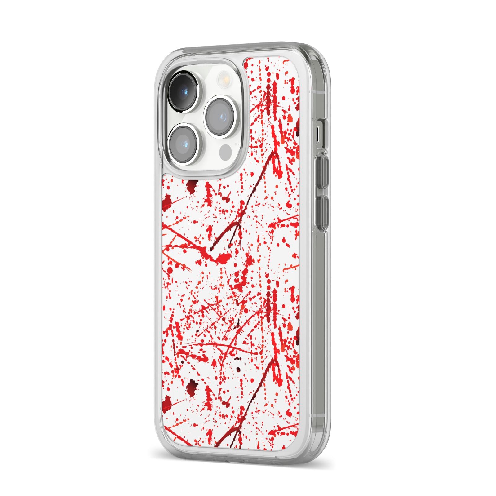 Blood Splatter iPhone 14 Pro Clear Tough Case Silver Angled Image