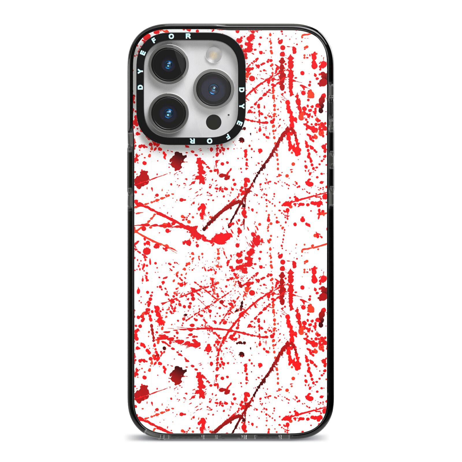 Blood Splatter iPhone 14 Pro Max Black Impact Case on Silver phone