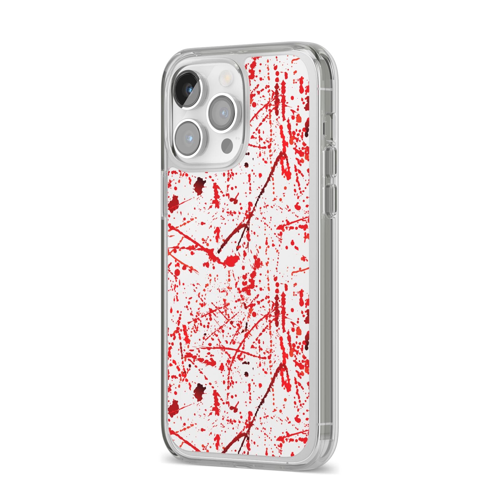 Blood Splatter iPhone 14 Pro Max Clear Tough Case Silver Angled Image