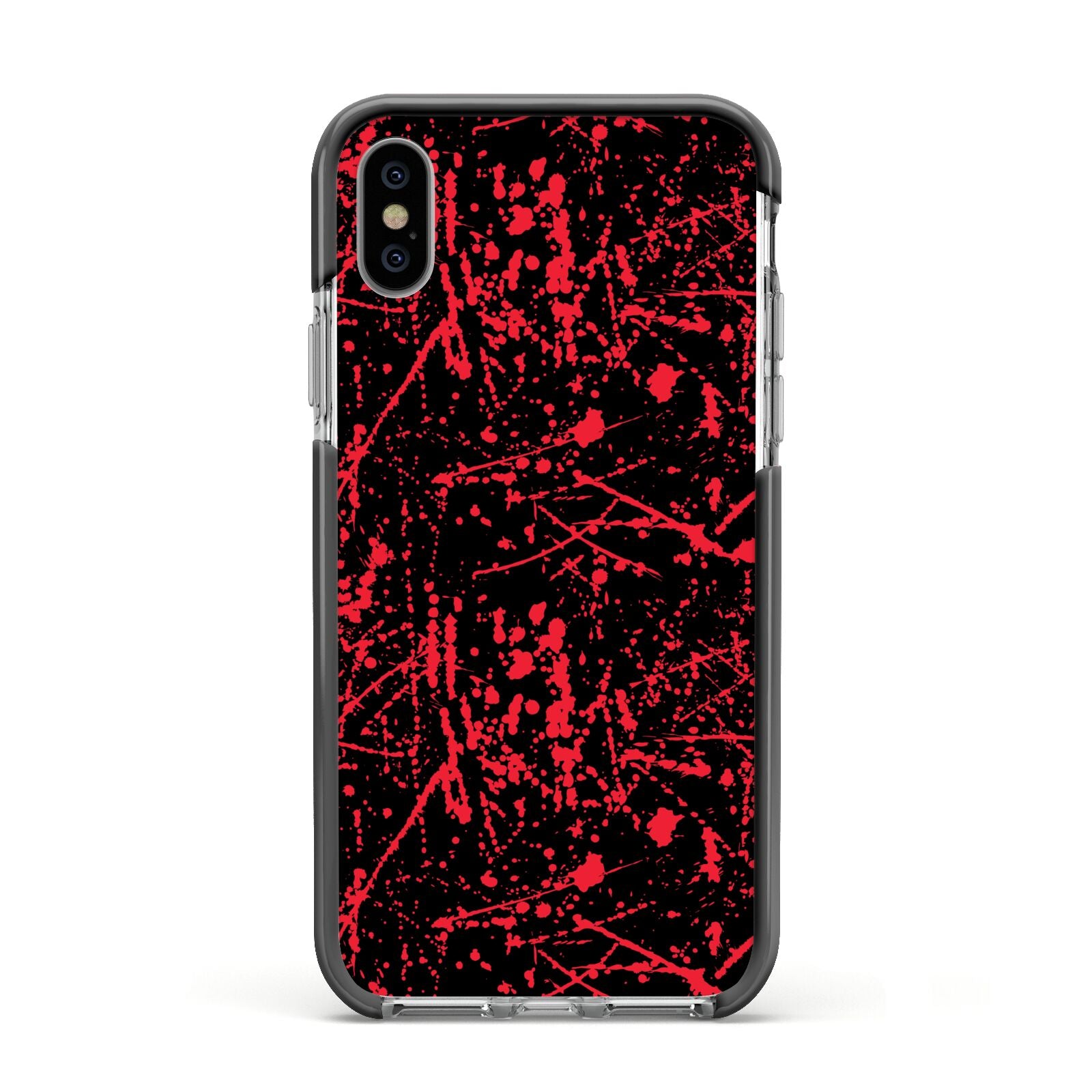 Blood Splatters Apple iPhone Xs Impact Case Black Edge on Silver Phone