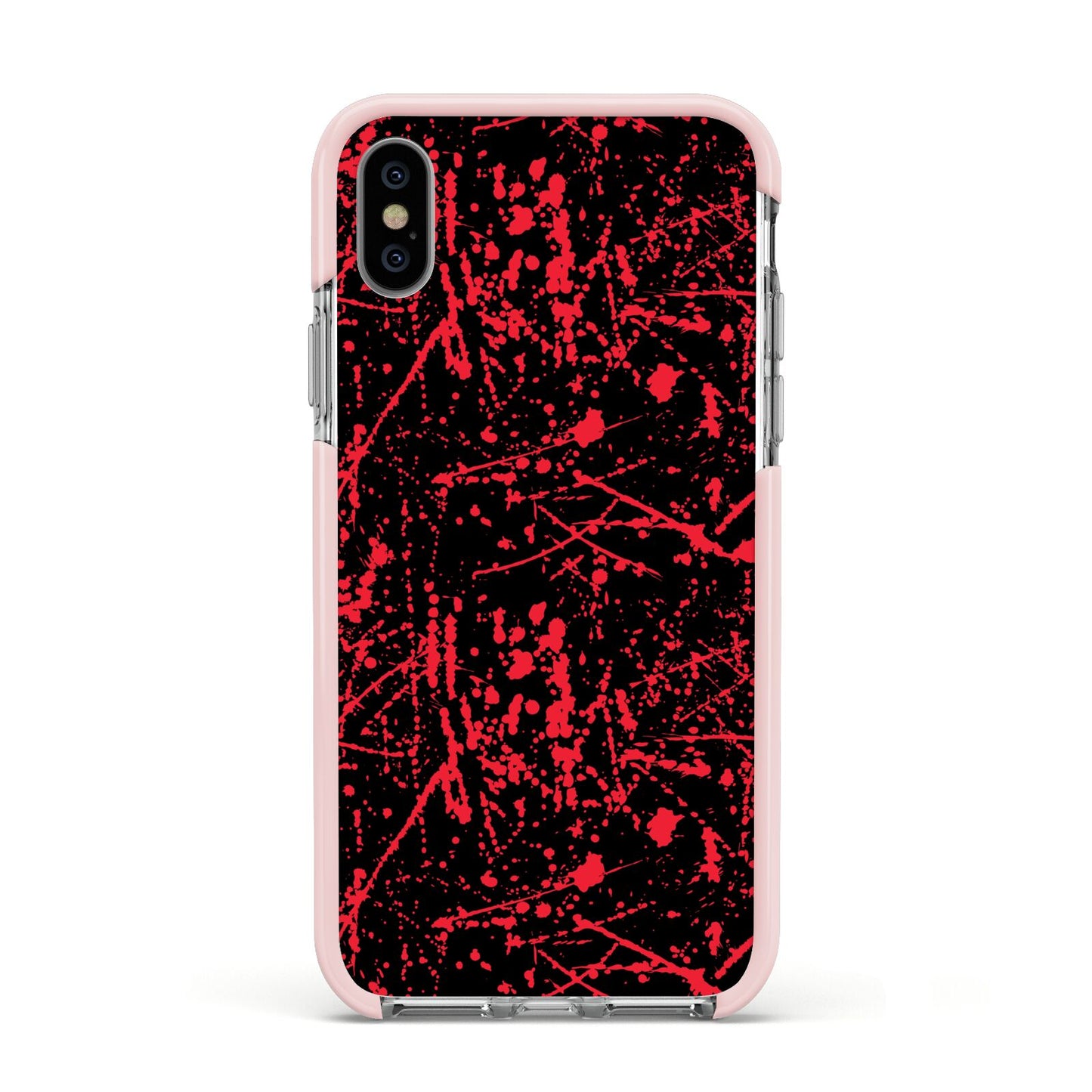 Blood Splatters Apple iPhone Xs Impact Case Pink Edge on Silver Phone