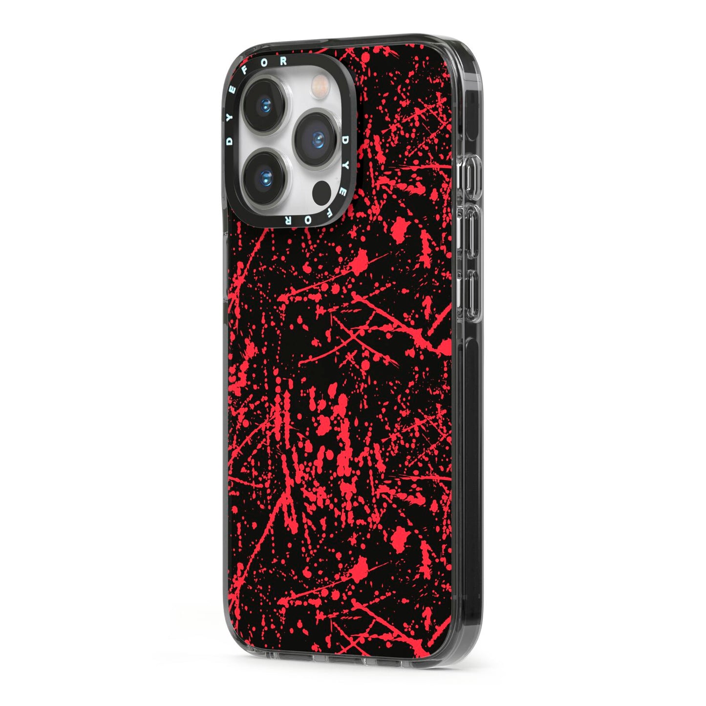 Blood Splatters iPhone 13 Pro Black Impact Case Side Angle on Silver phone