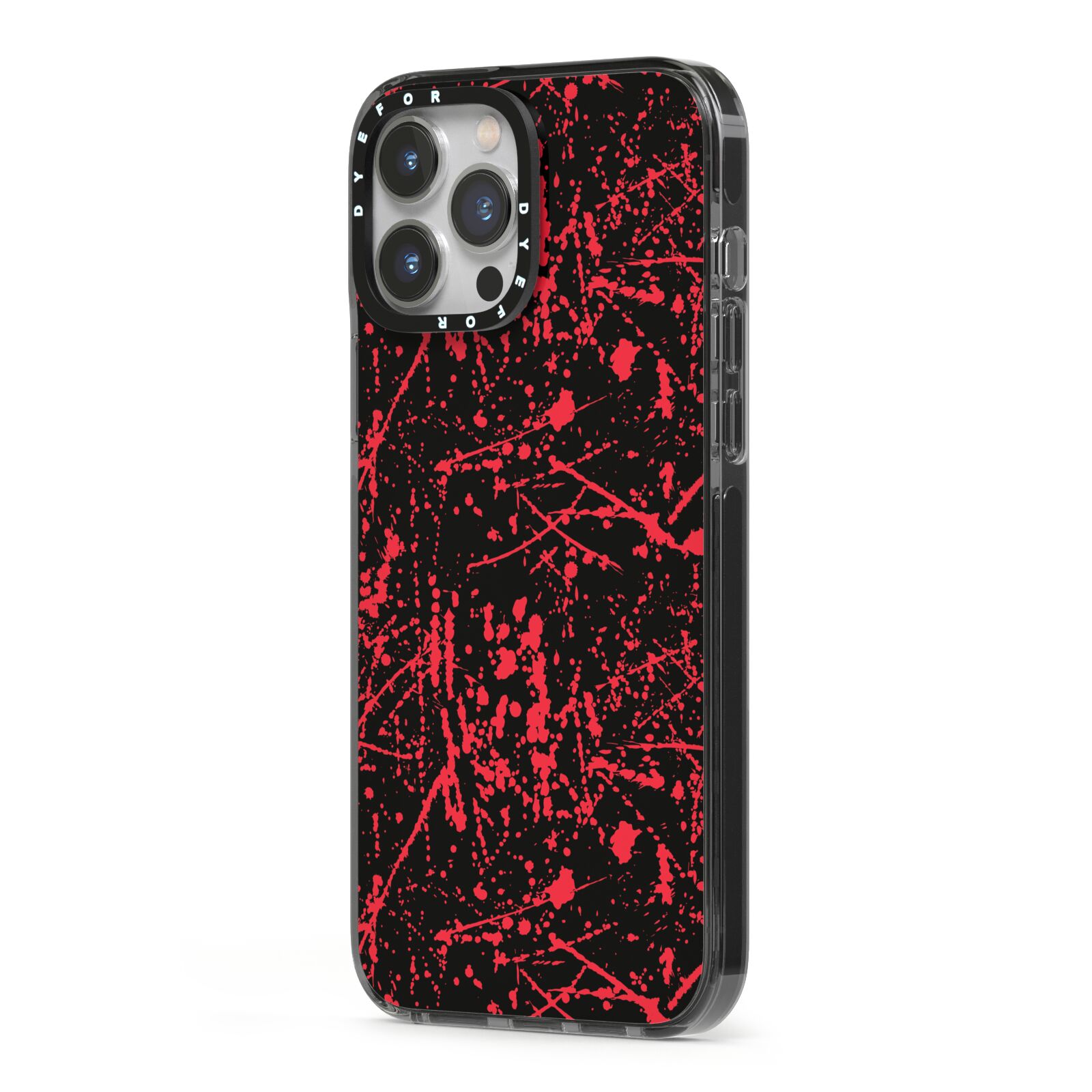 Blood Splatters iPhone 13 Pro Max Black Impact Case Side Angle on Silver phone