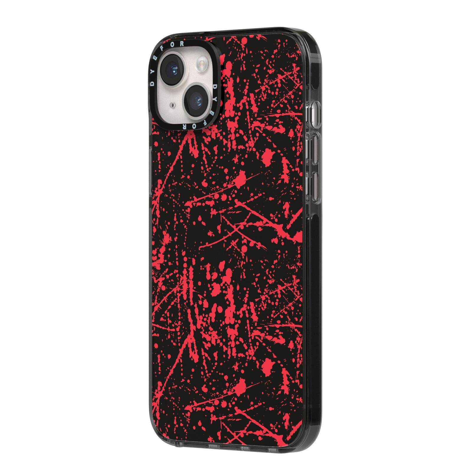 Blood Splatters iPhone 14 Plus Black Impact Case Side Angle on Silver phone