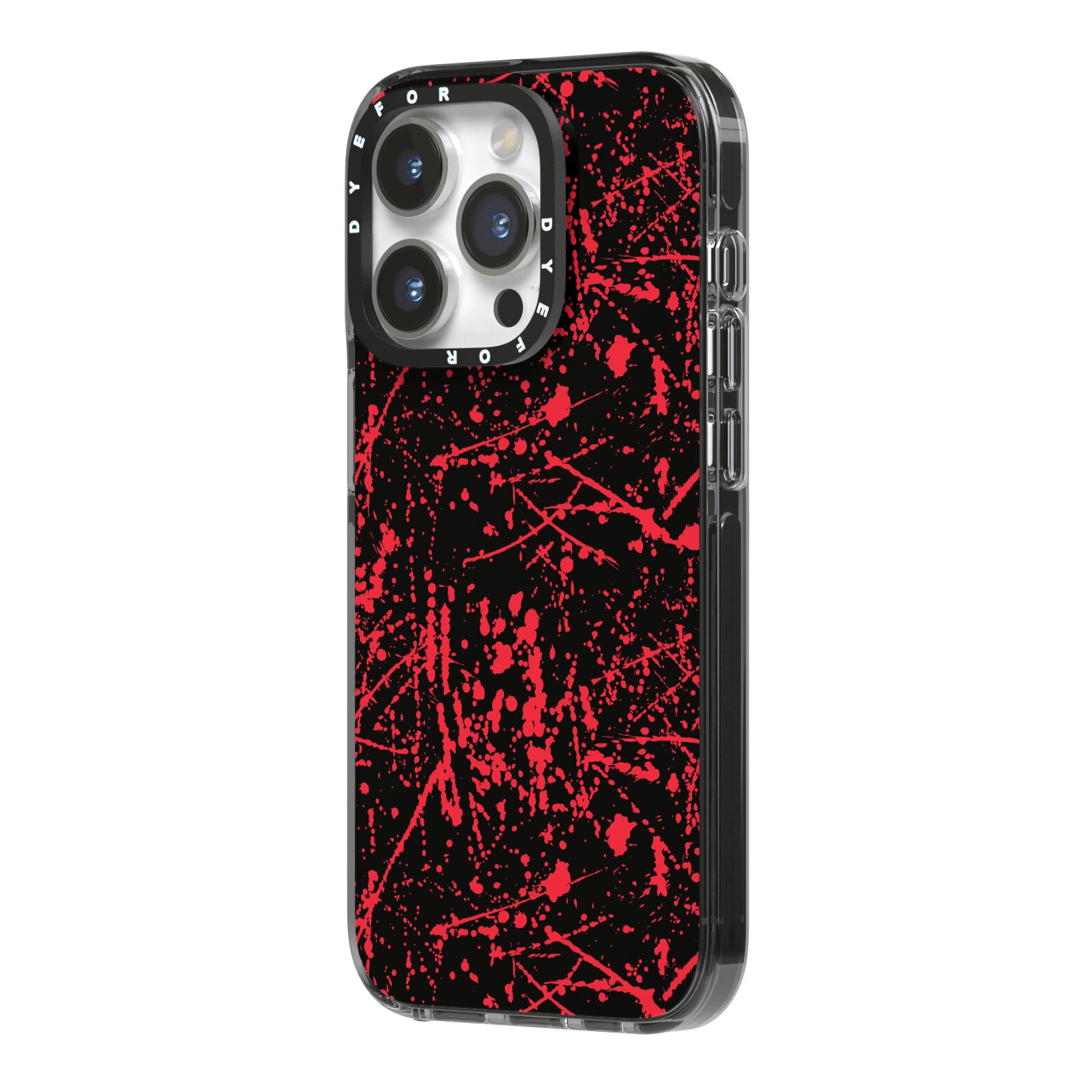 Blood Splatters iPhone 14 Pro Black Impact Case Side Angle on Silver phone